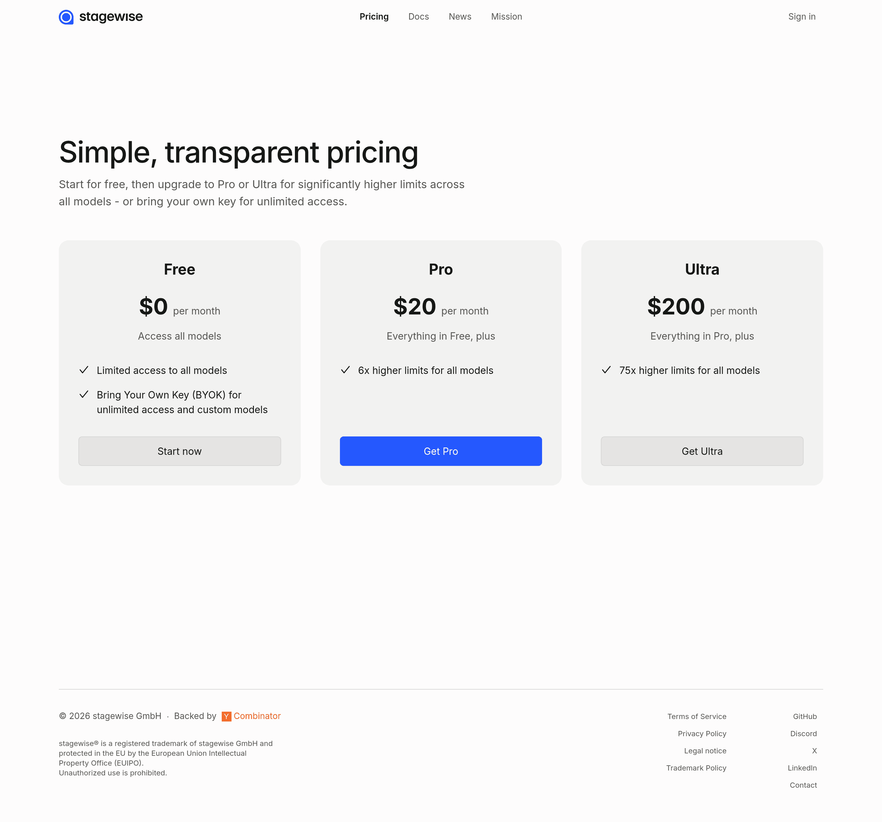 stagewise pricing page screenshot