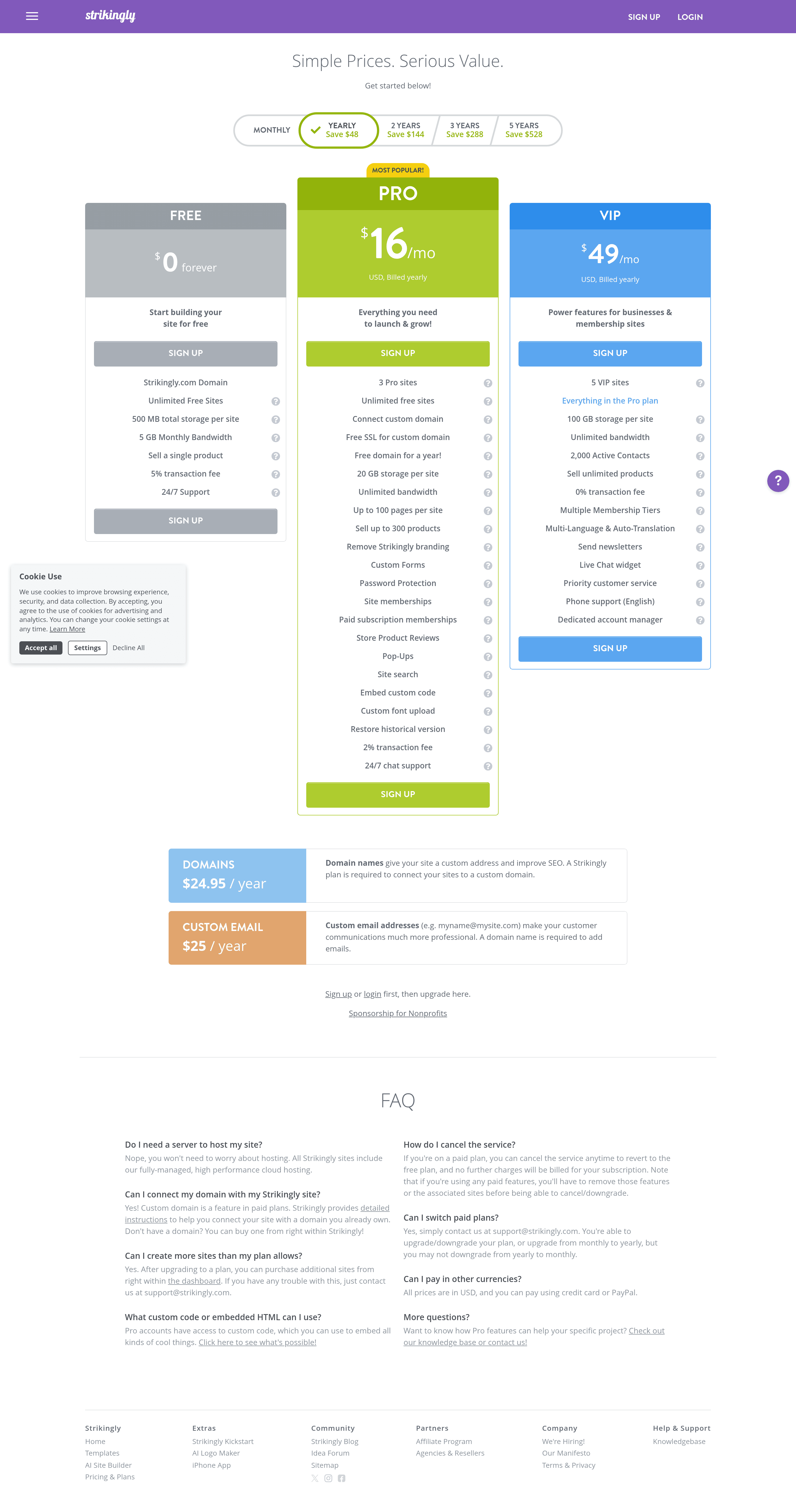 Strikingly pricing page screenshot