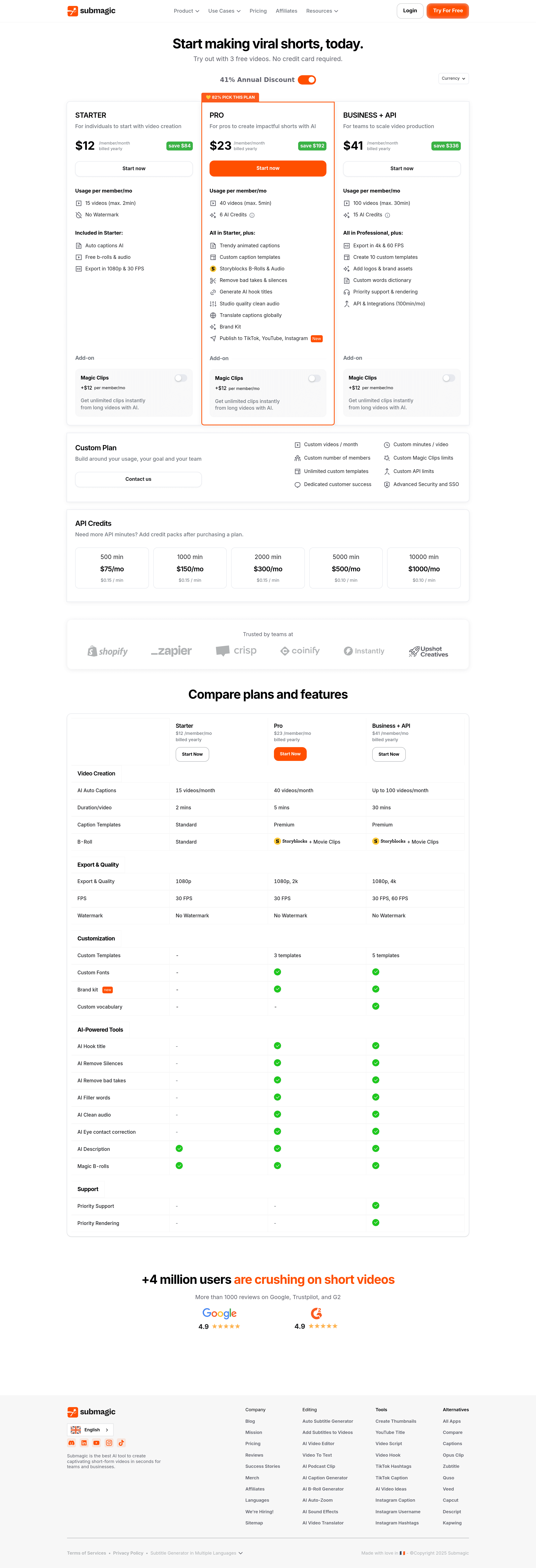 Submagic pricing page screenshot