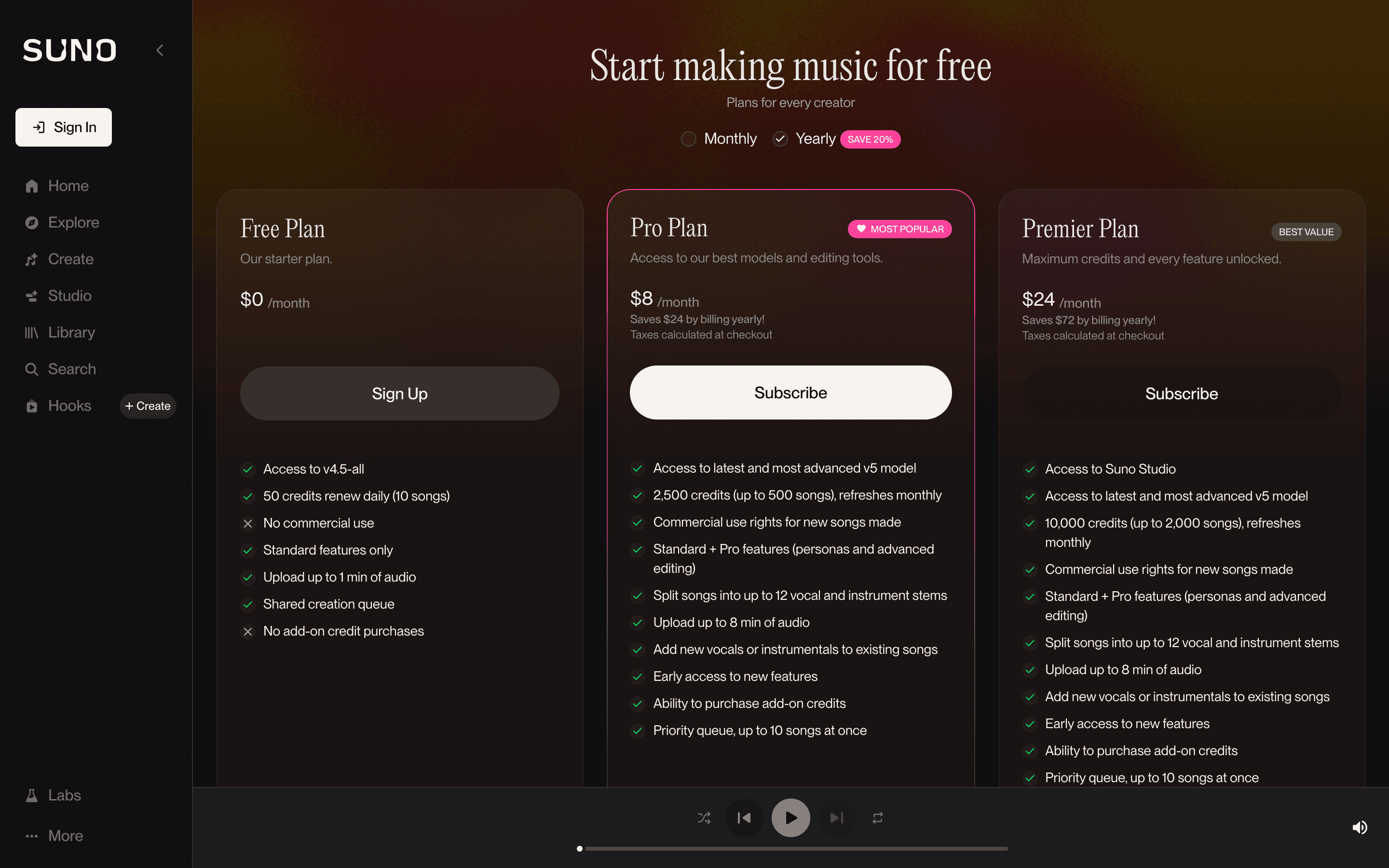 Suno pricing page screenshot