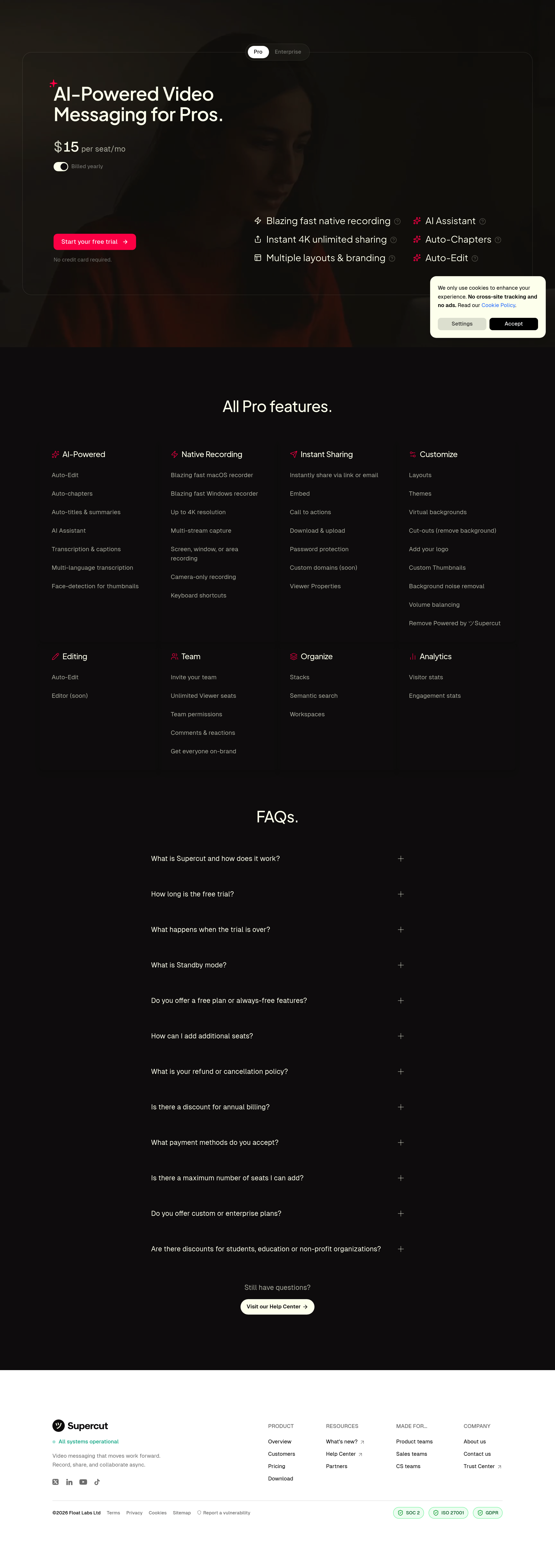 ツSupercut pricing page screenshot