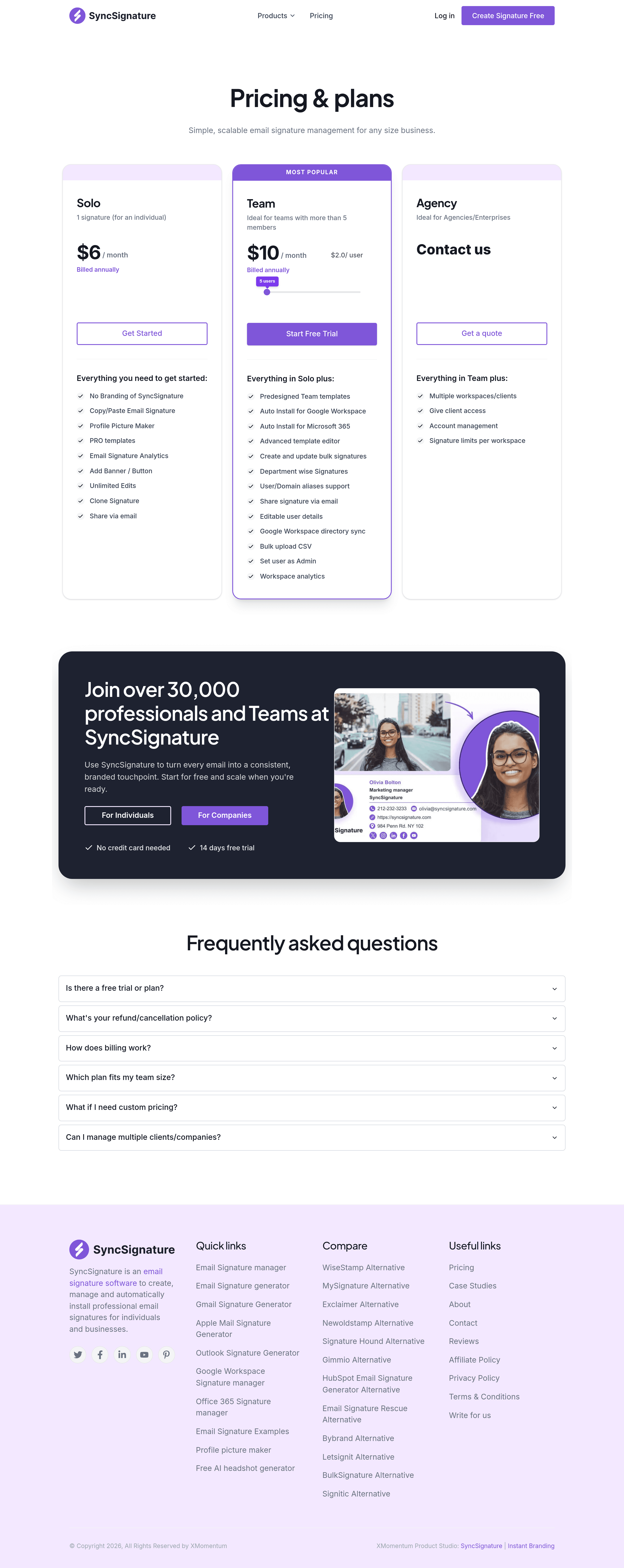 SyncSignature pricing page screenshot