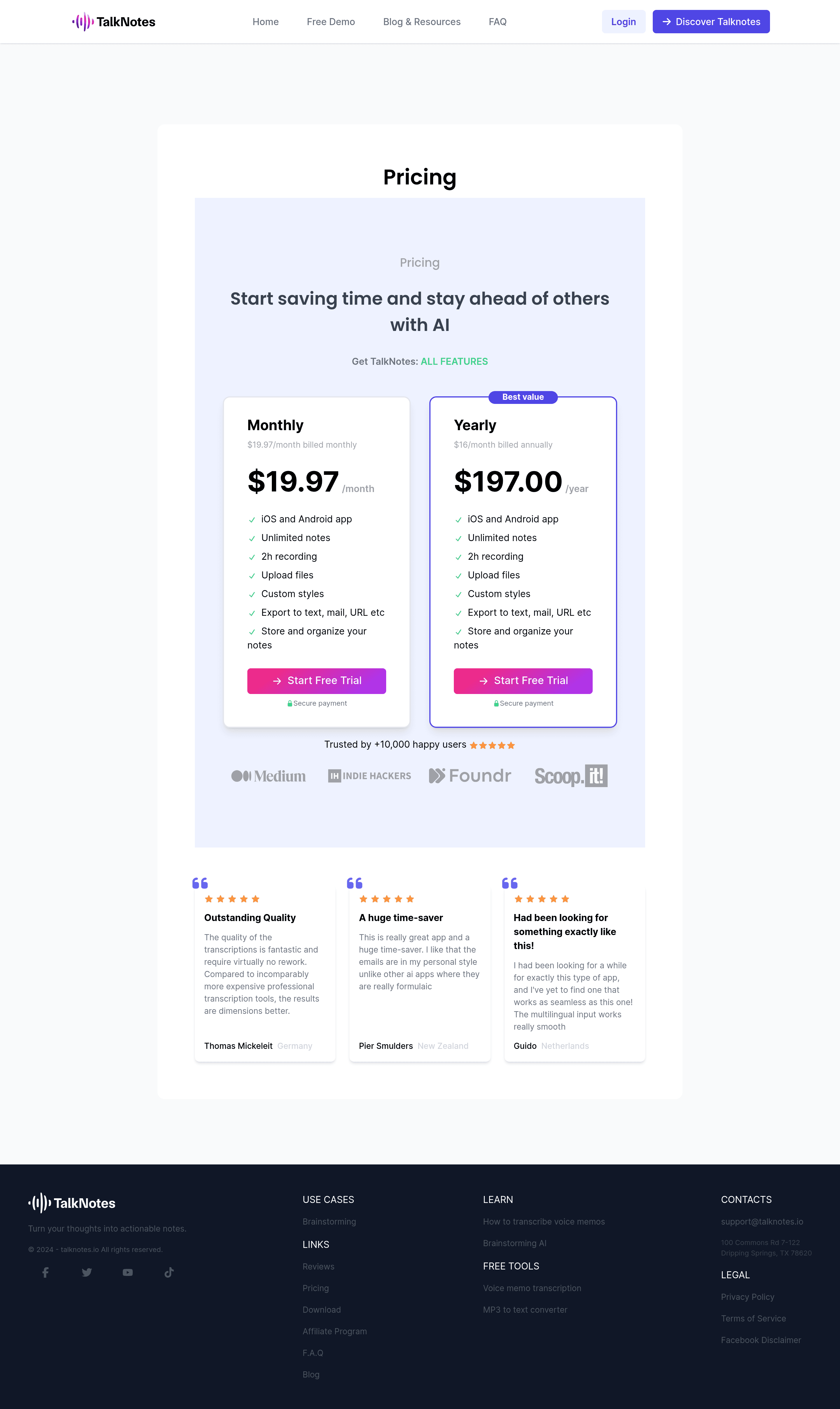 TalkNotes pricing page screenshot