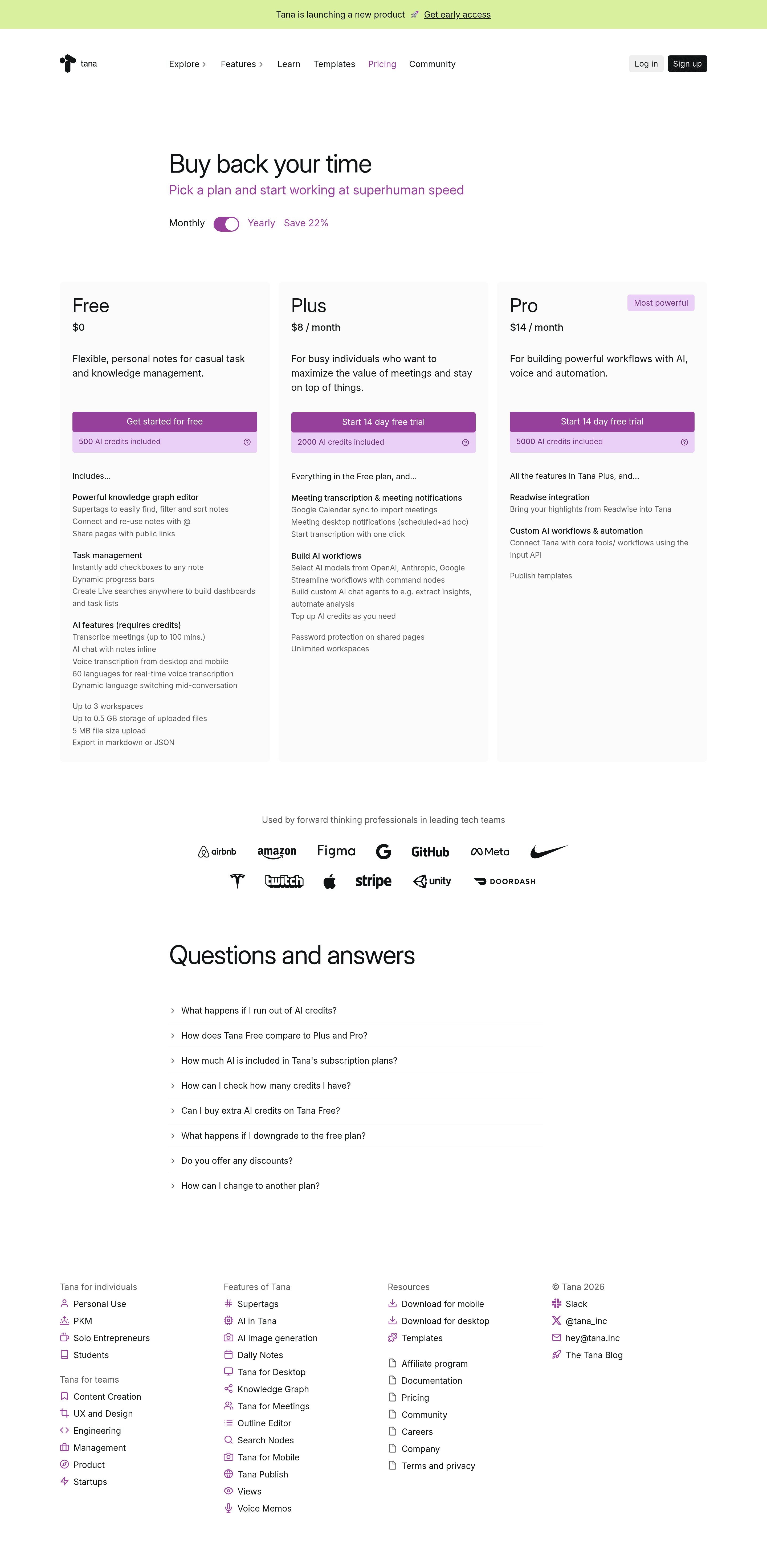 Tana pricing page screenshot
