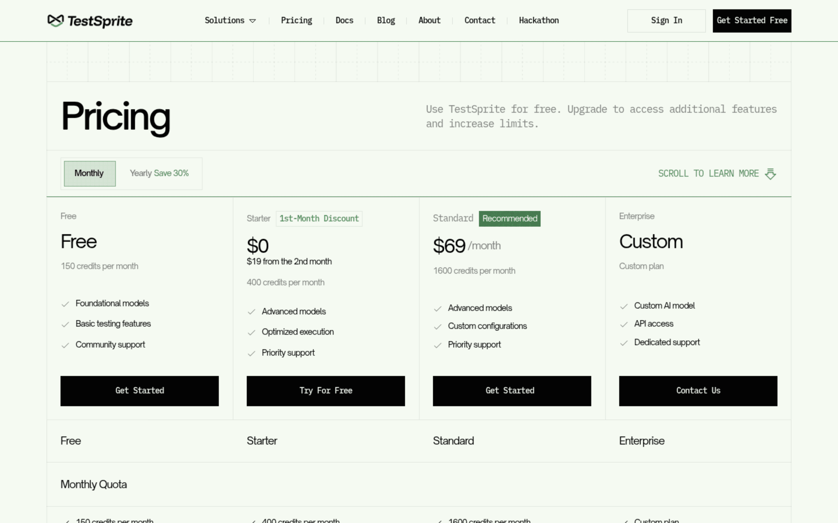 TestSprite 1.0 pricing page screenshot