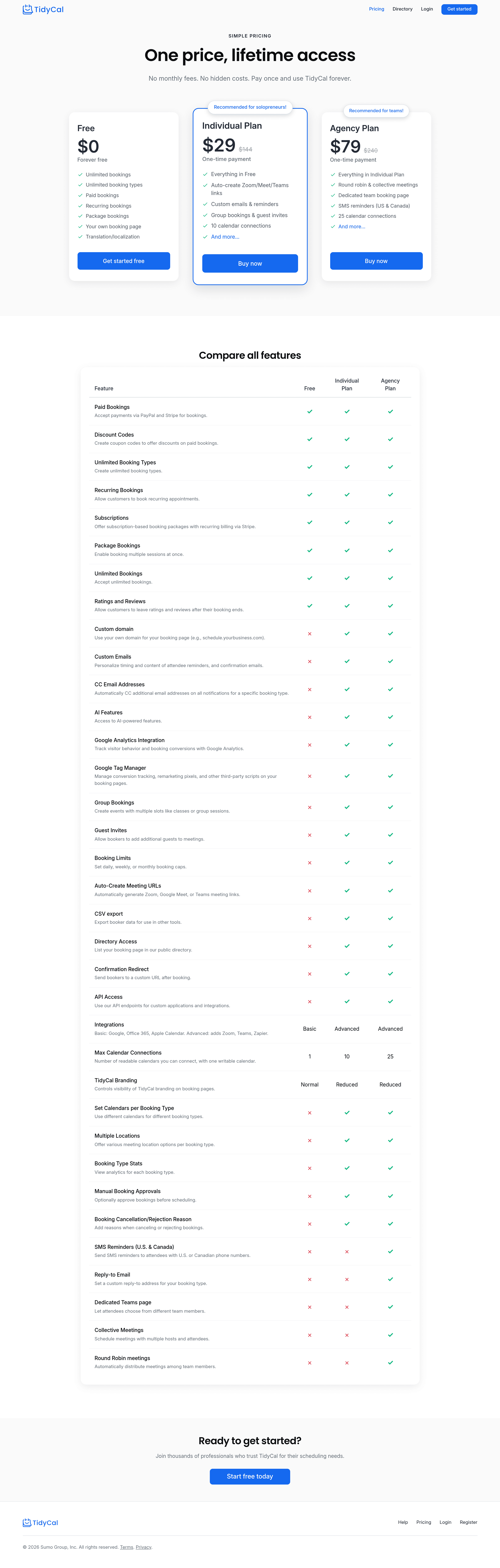 TidyCal 3.0 pricing page screenshot