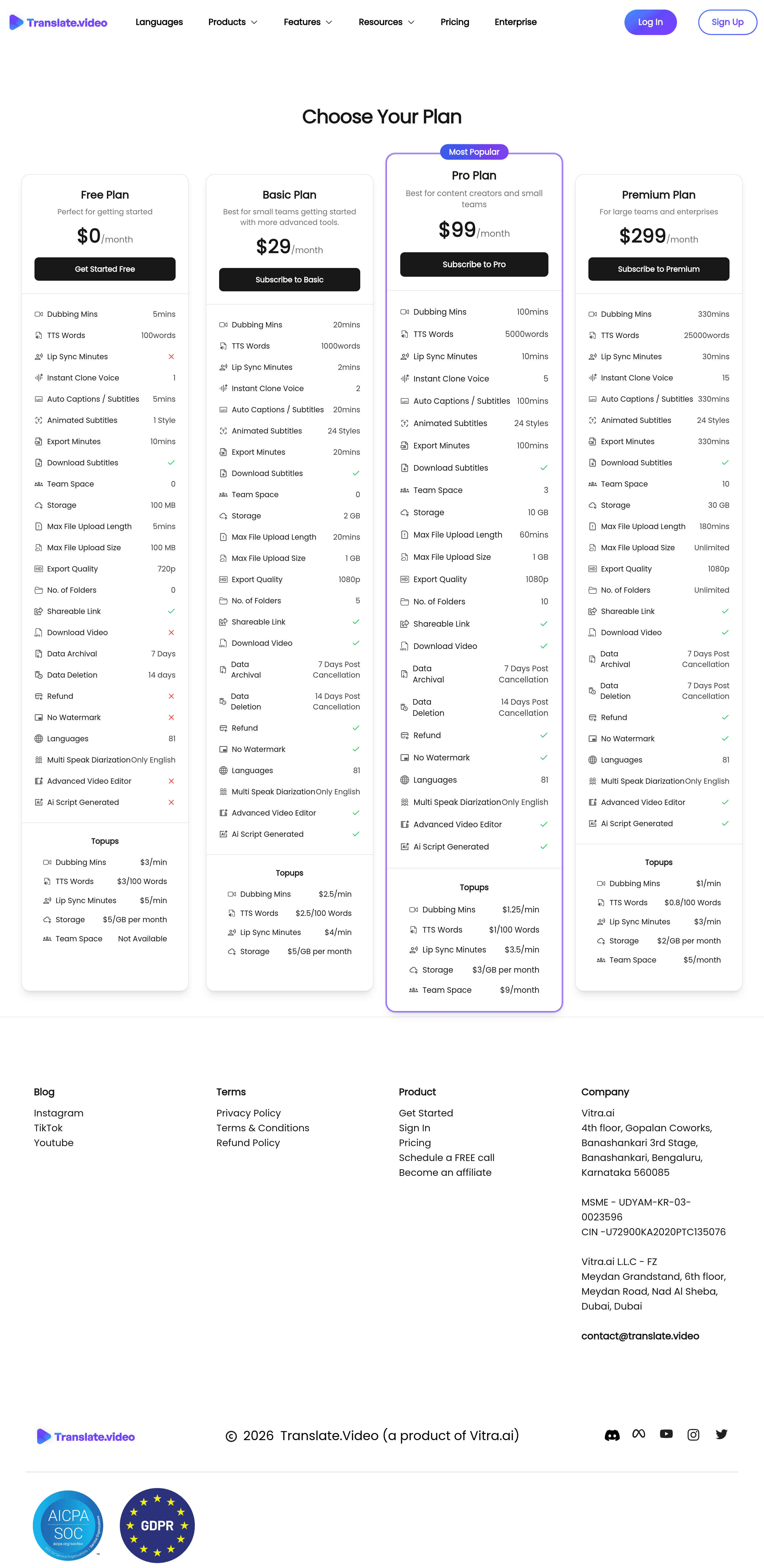 TranslateVideo 2.0 pricing page screenshot