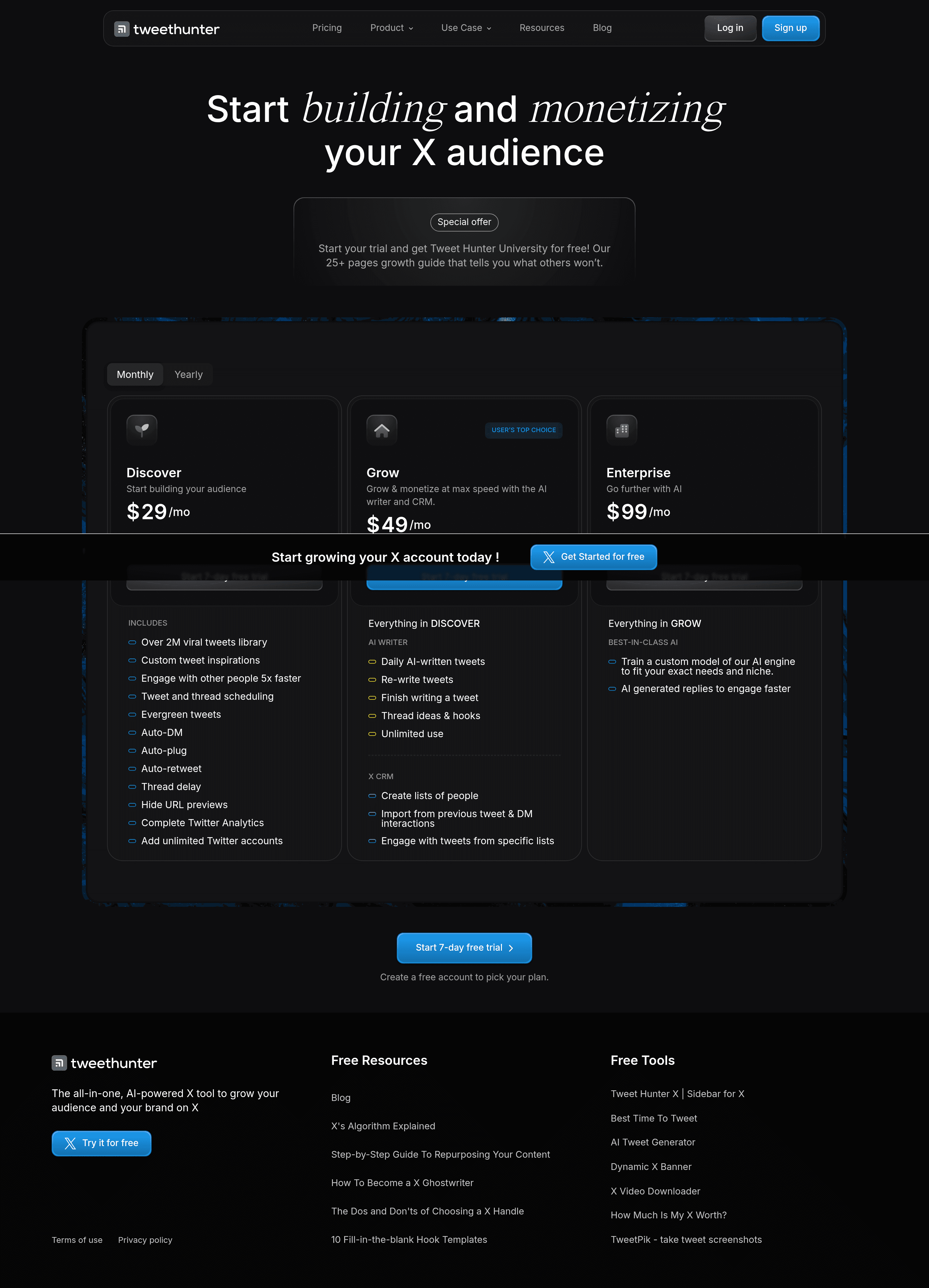 Tweet Hunter for Twitter pricing page screenshot