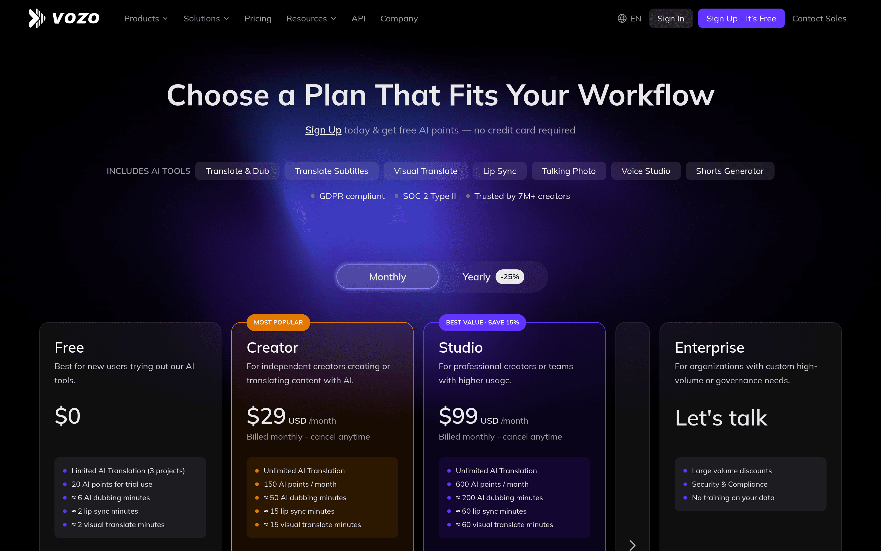 Vozo Rewrite & Redub pricing page screenshot