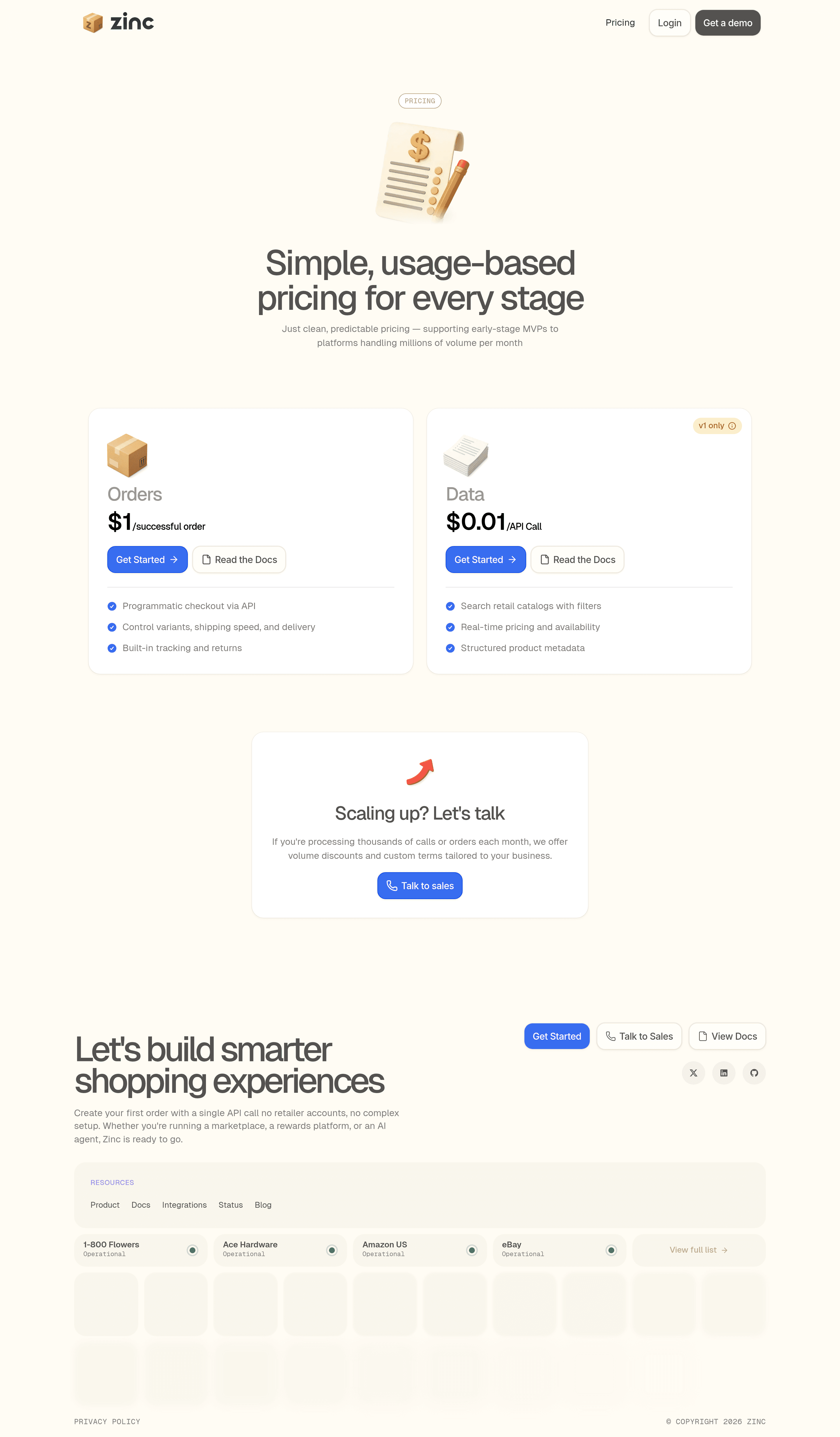Zinc pricing page screenshot