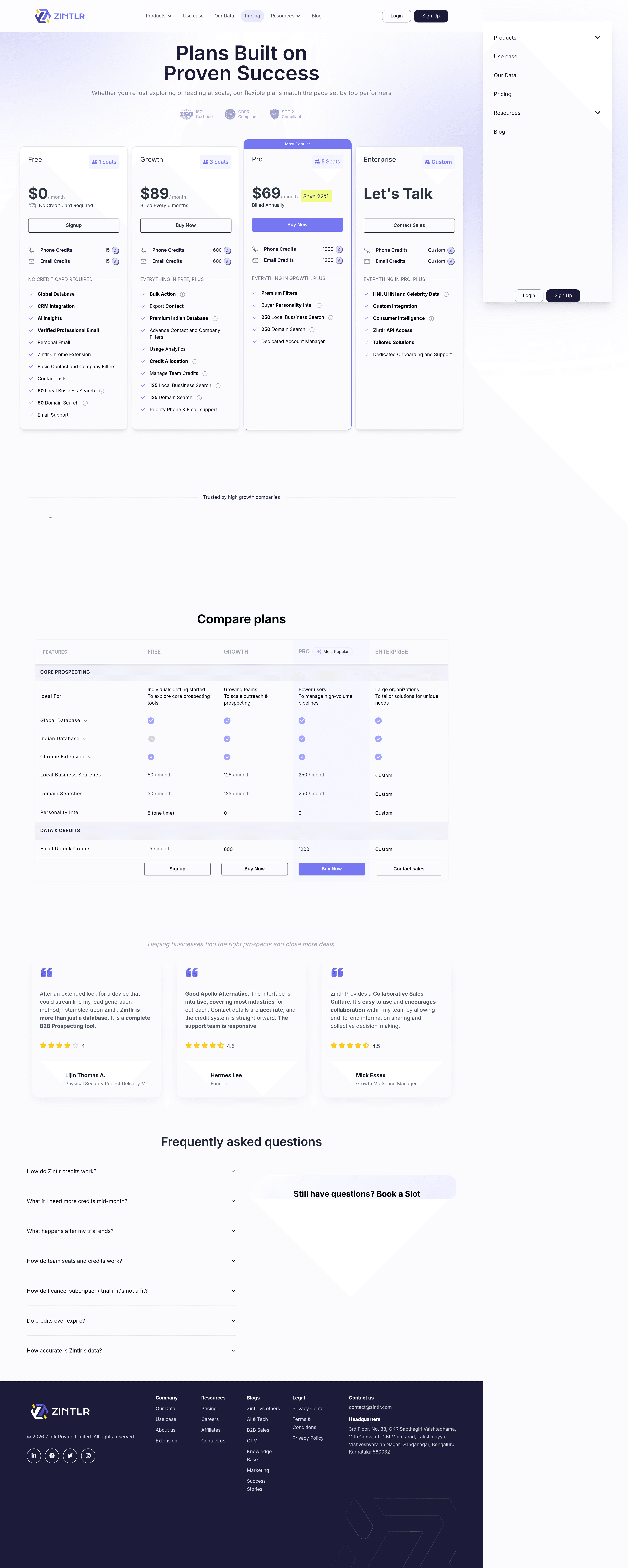 Zintlr pricing page screenshot