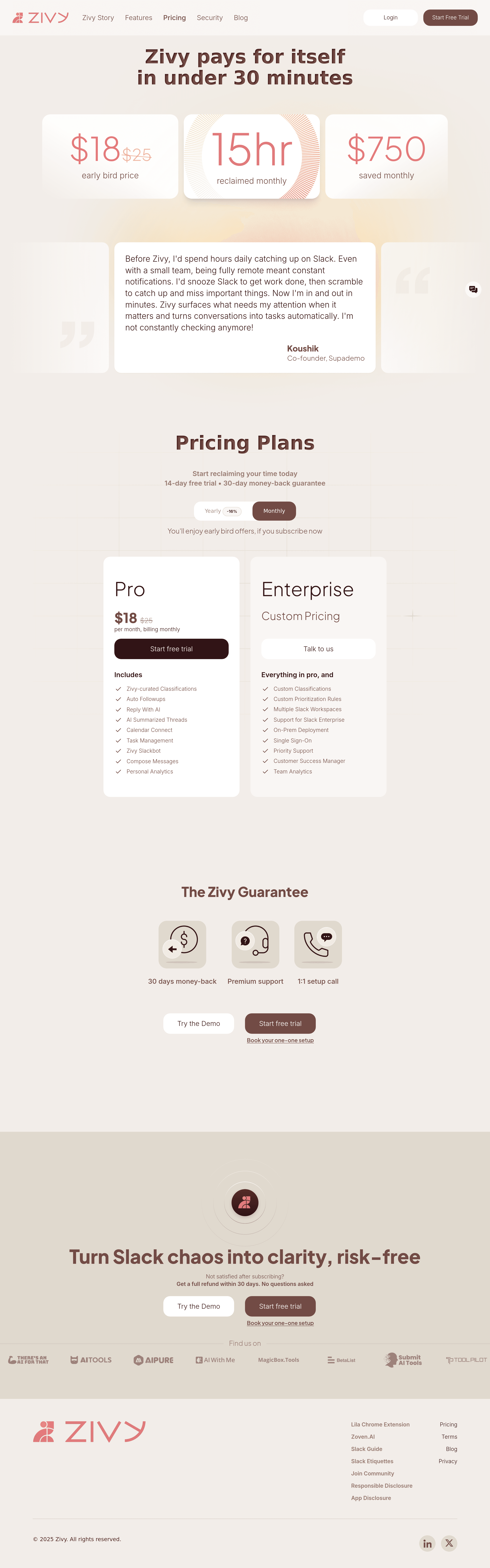 Zivy pricing page screenshot