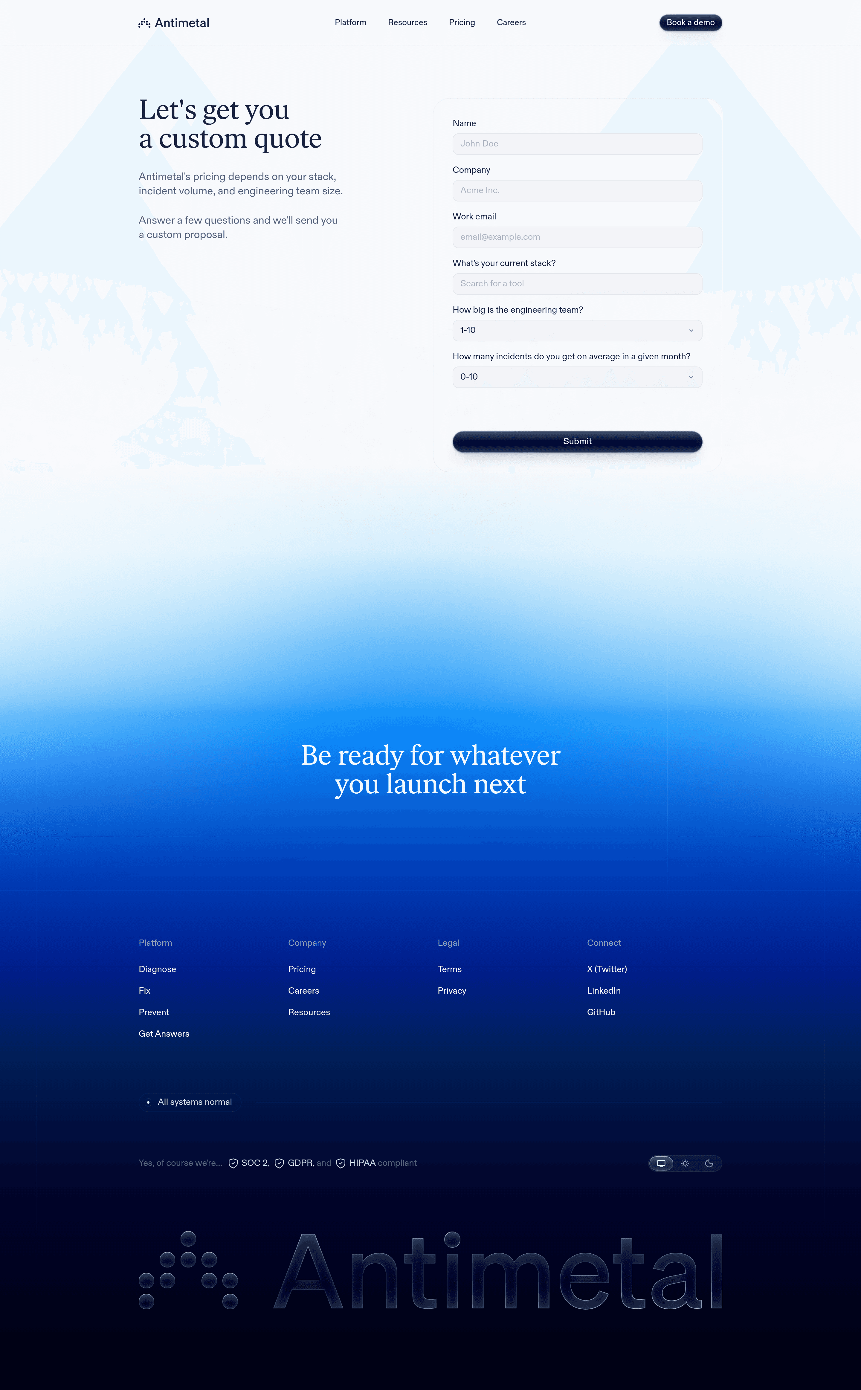 Antimetal 2.0 pricing page screenshot