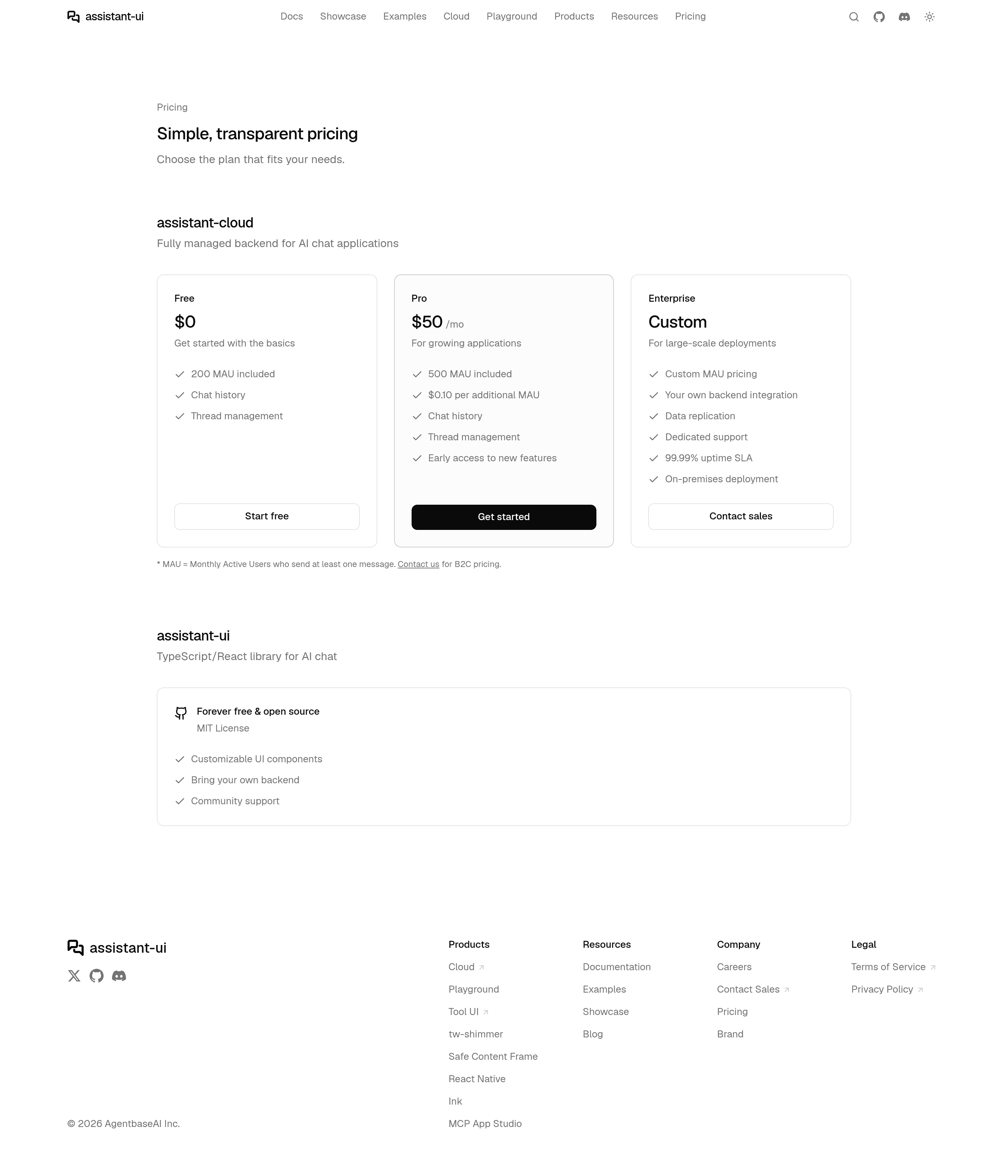 assistant-ui pricing page screenshot