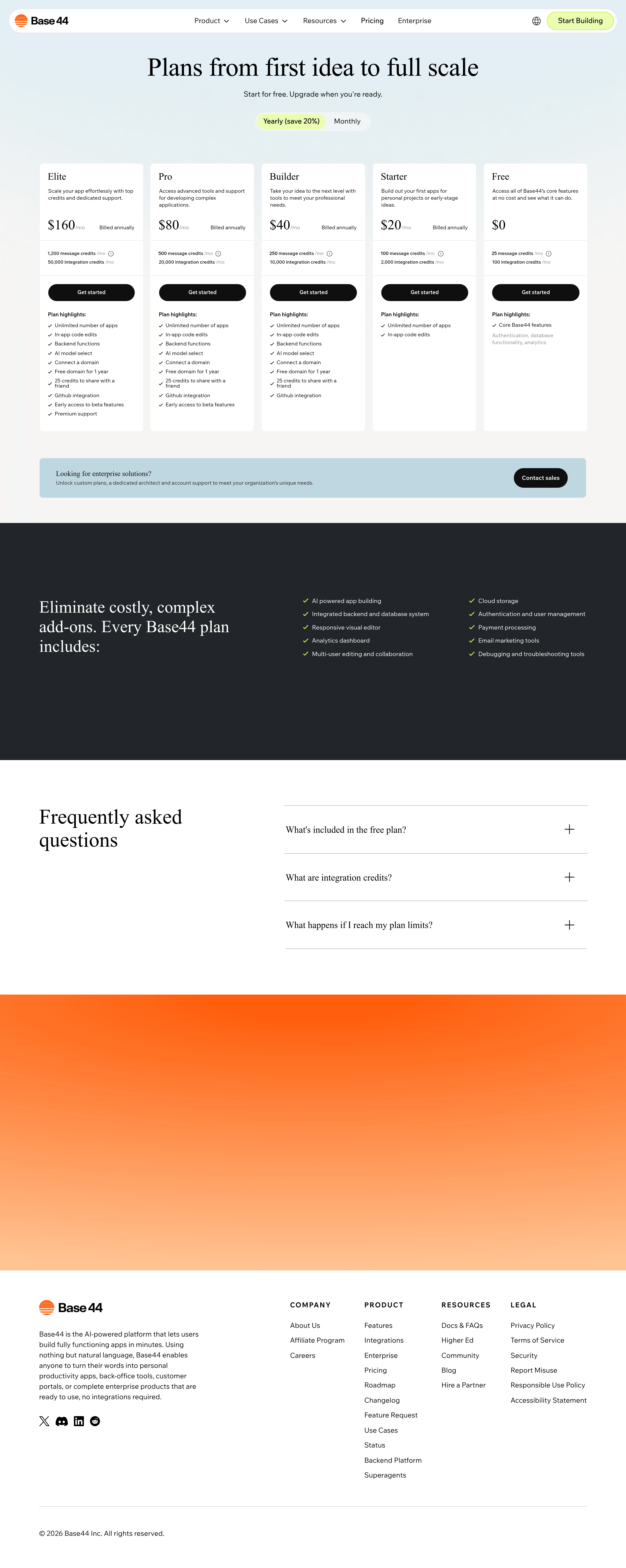 Base44 Backend Platform pricing page screenshot