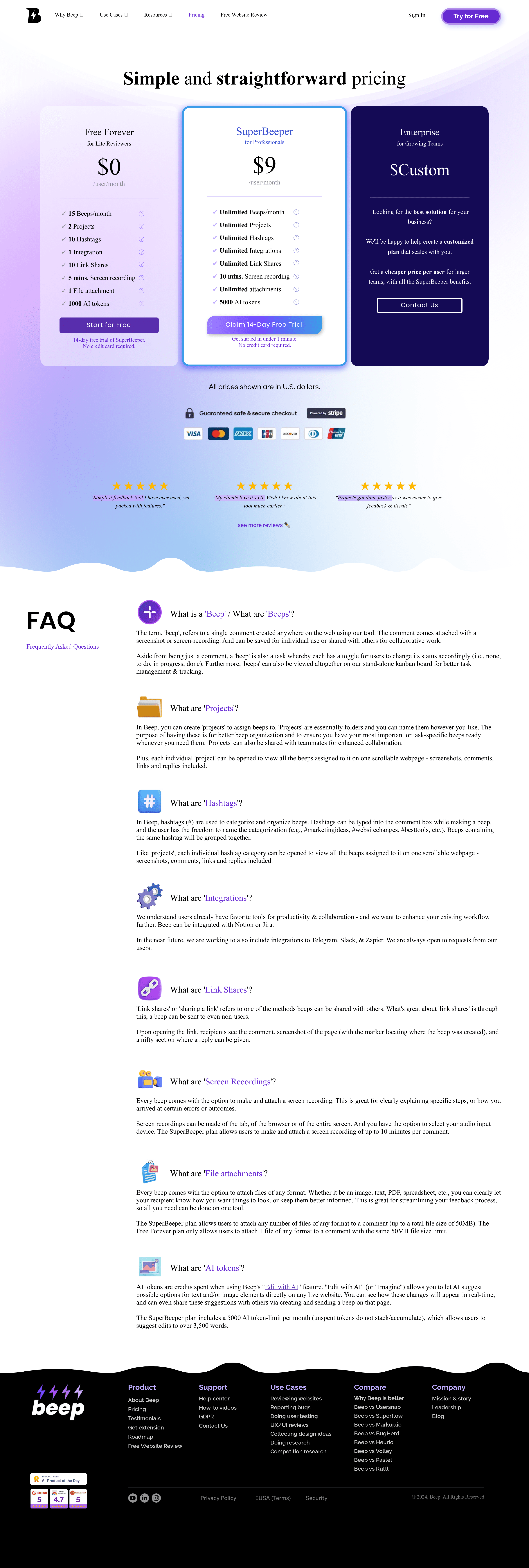 Beep! 2.0 pricing page screenshot