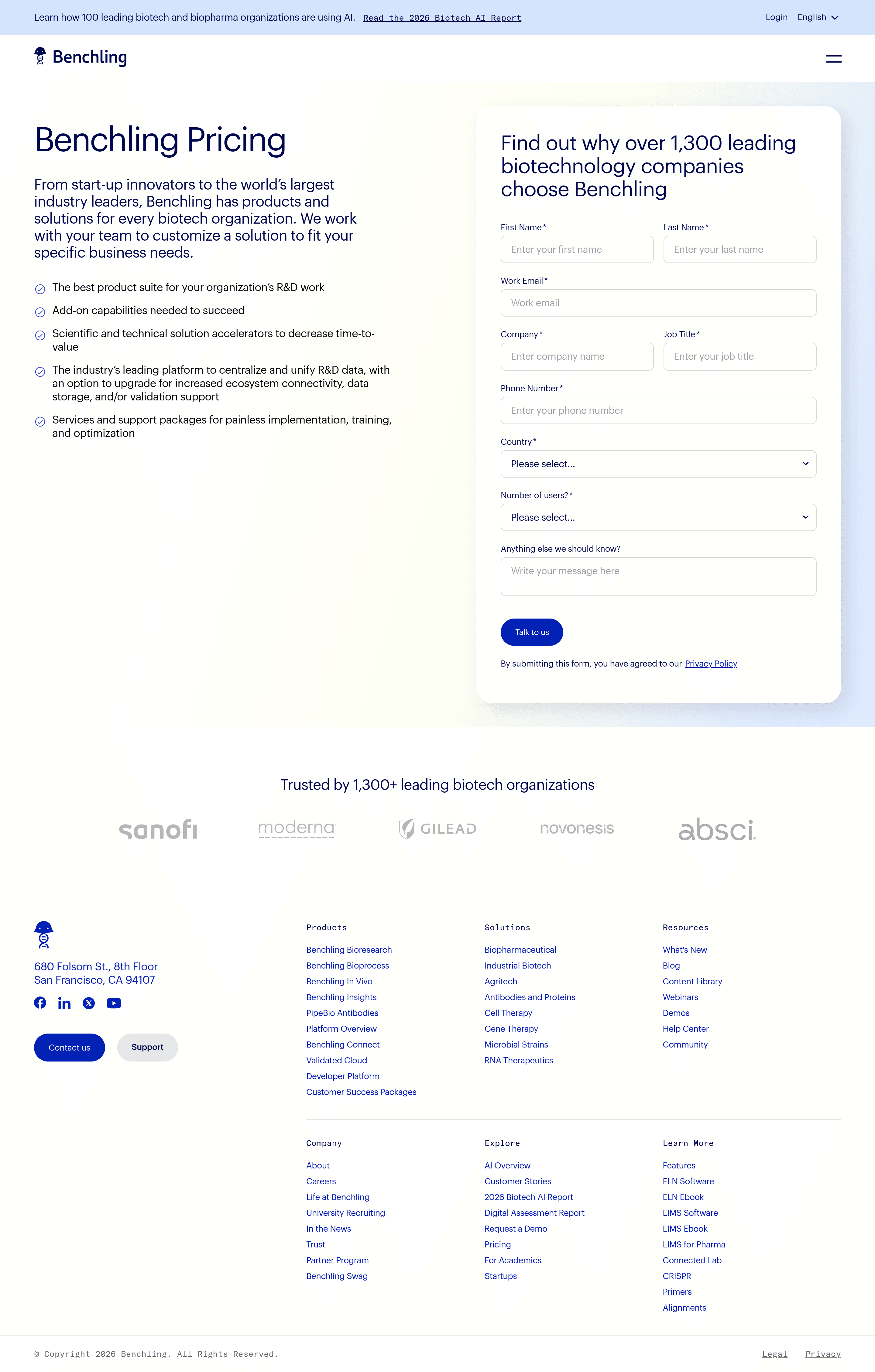 Benchling pricing page screenshot