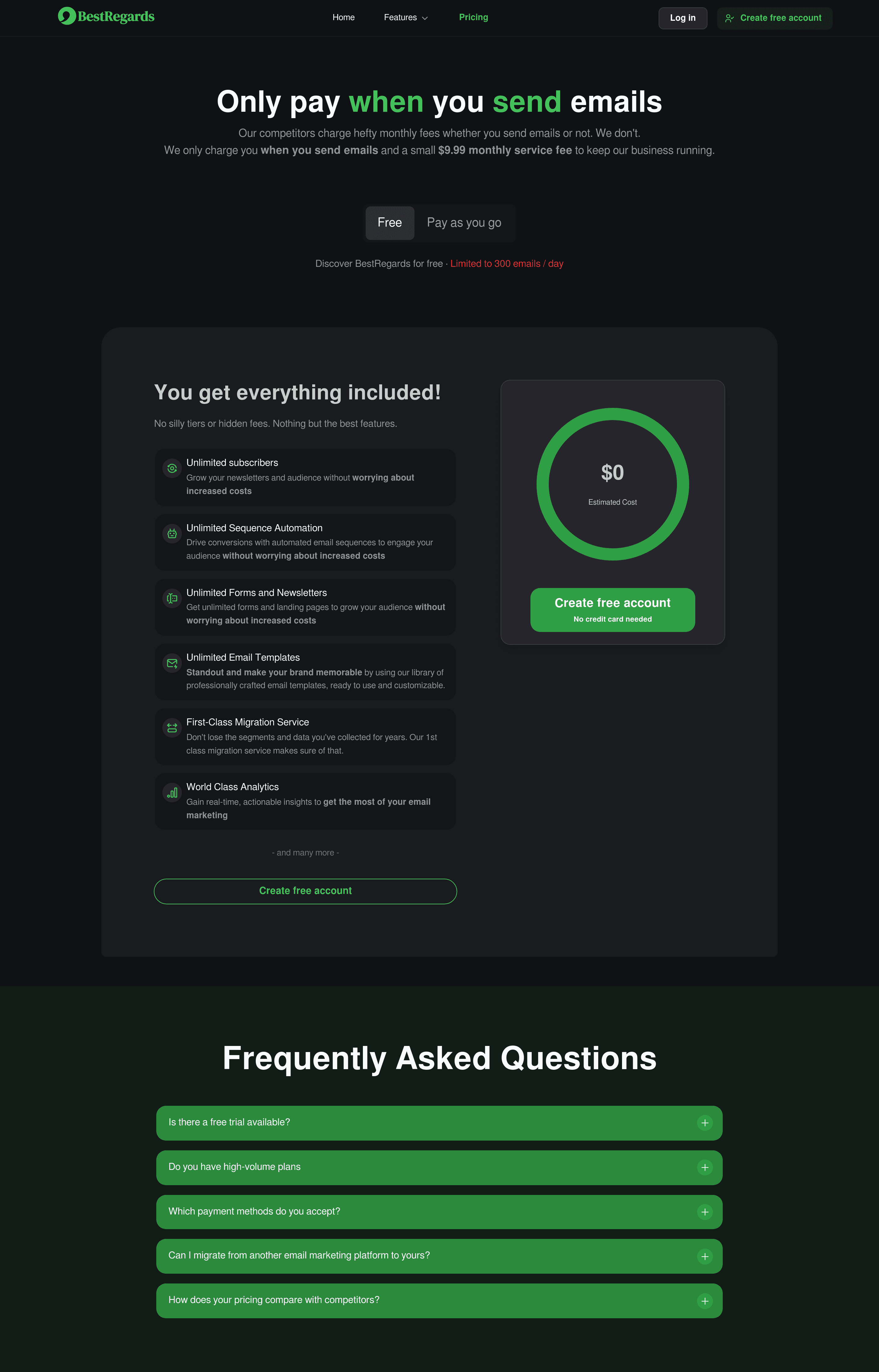 BestRegards pricing page screenshot