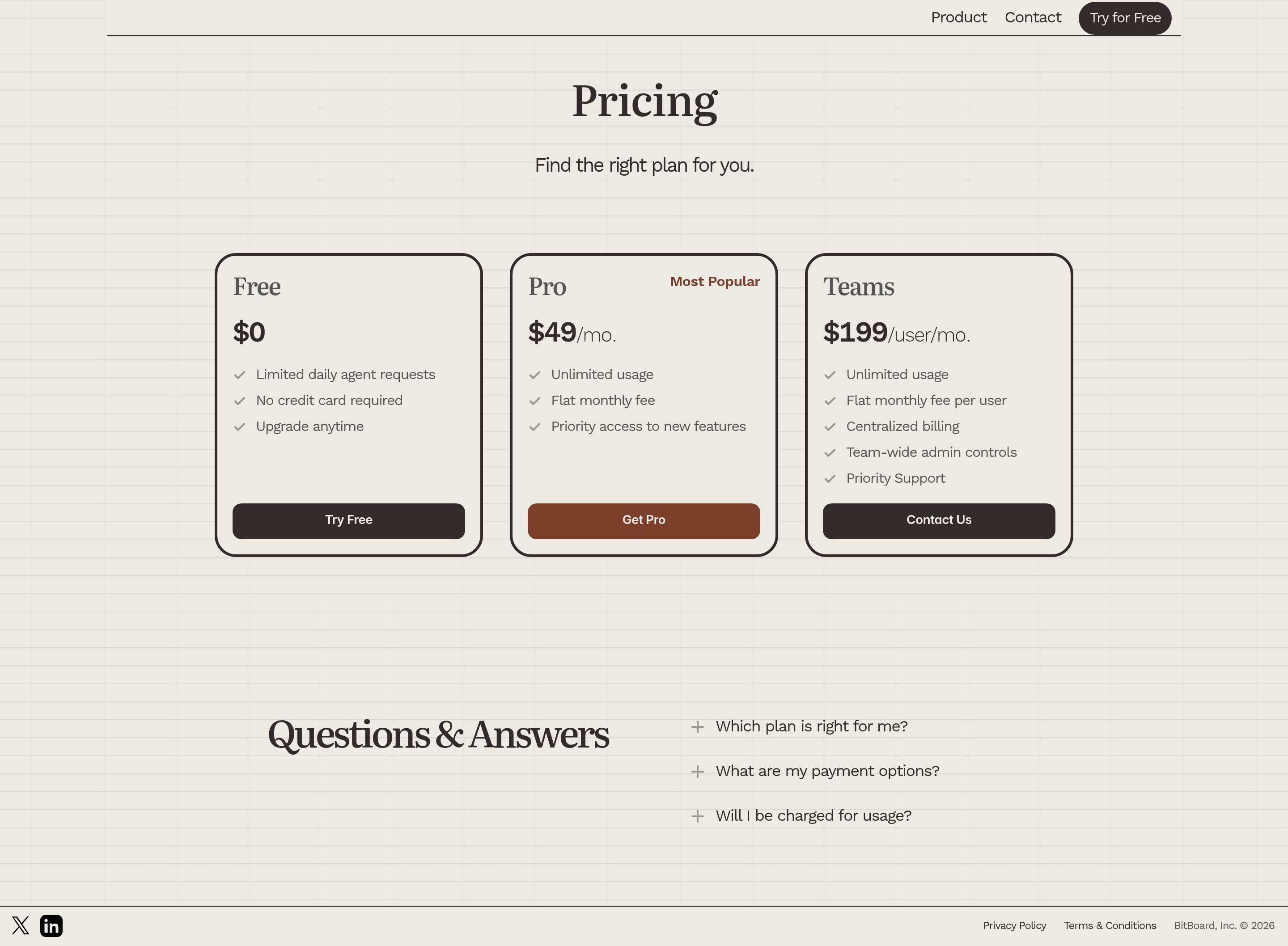 BitBoard pricing page screenshot