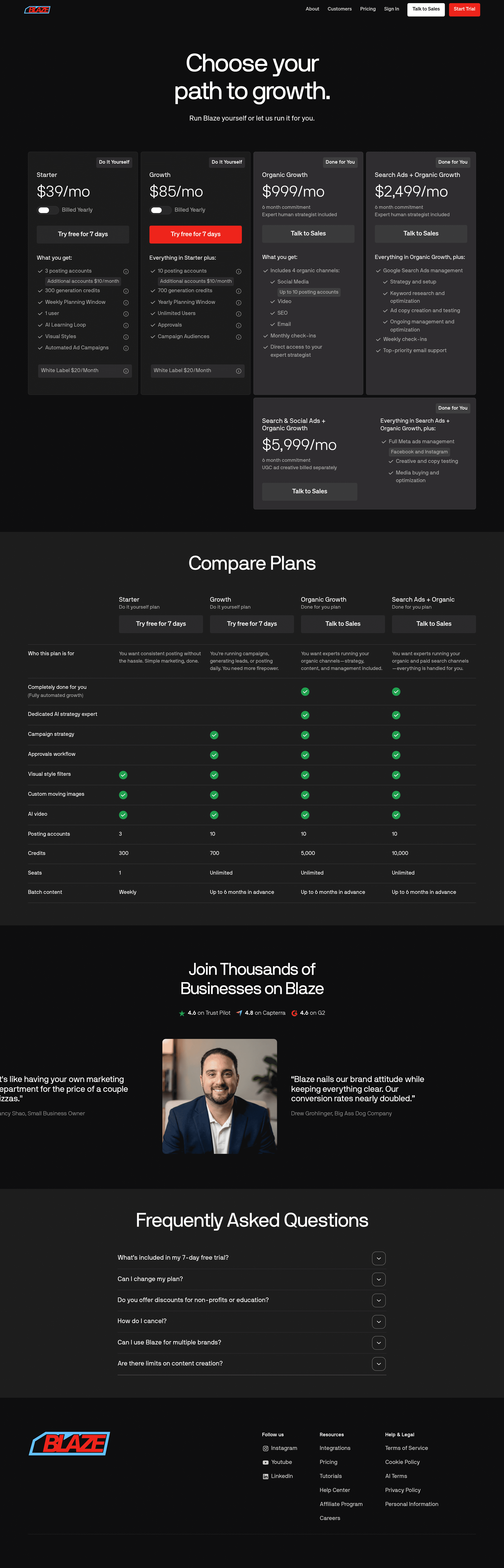 Blaze Designer pricing page screenshot