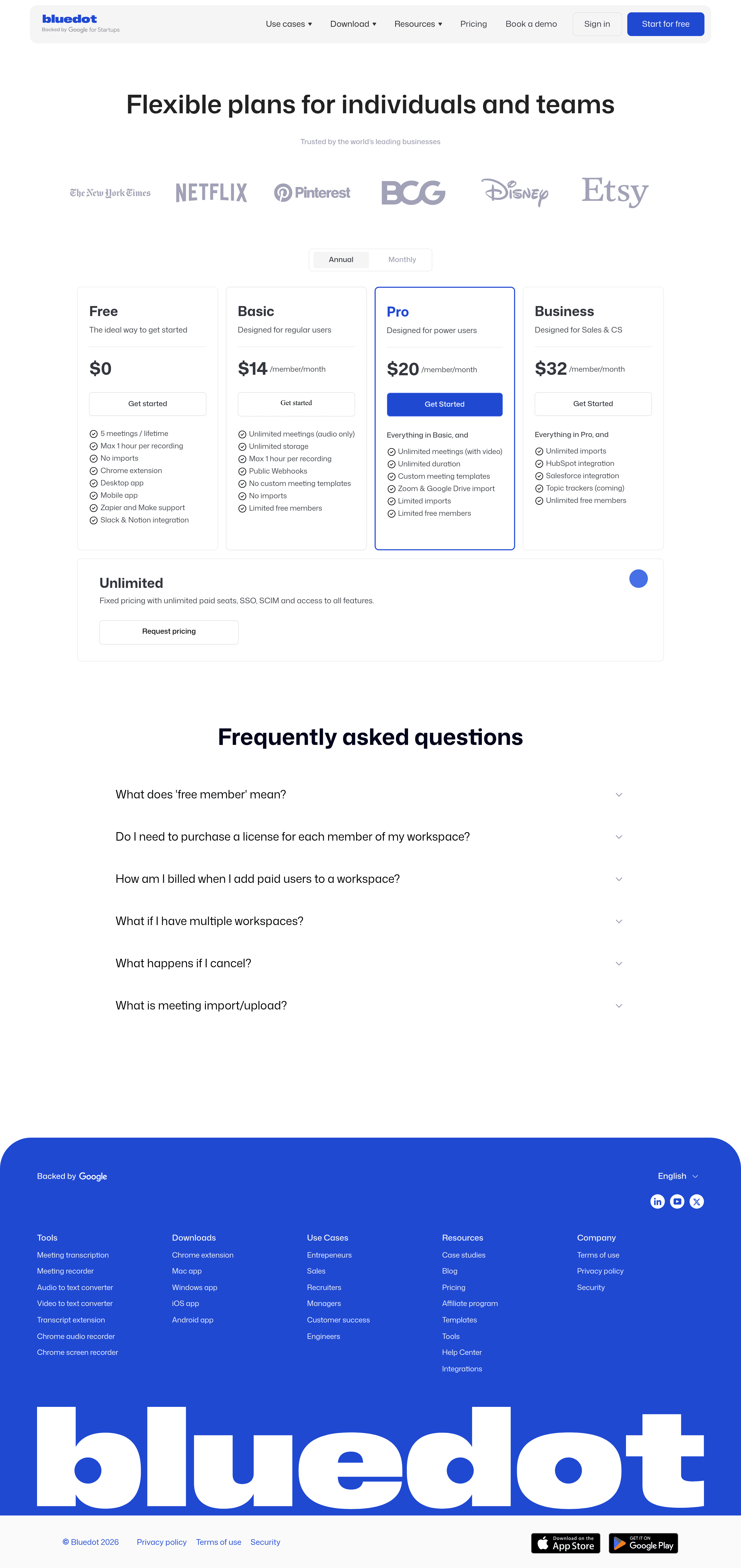 Bluedot 1.1 pricing page screenshot