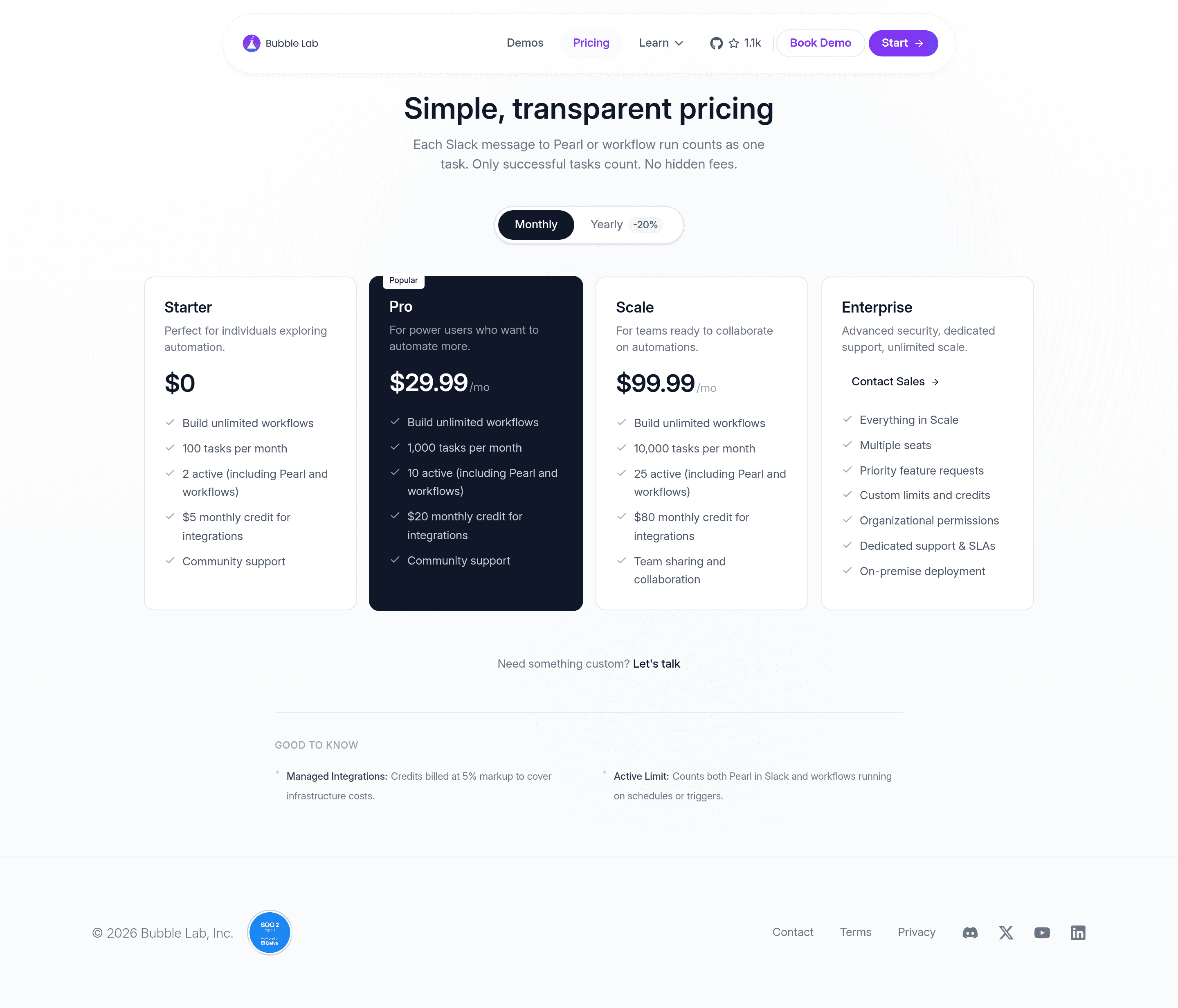 Bubble Lab pricing page screenshot