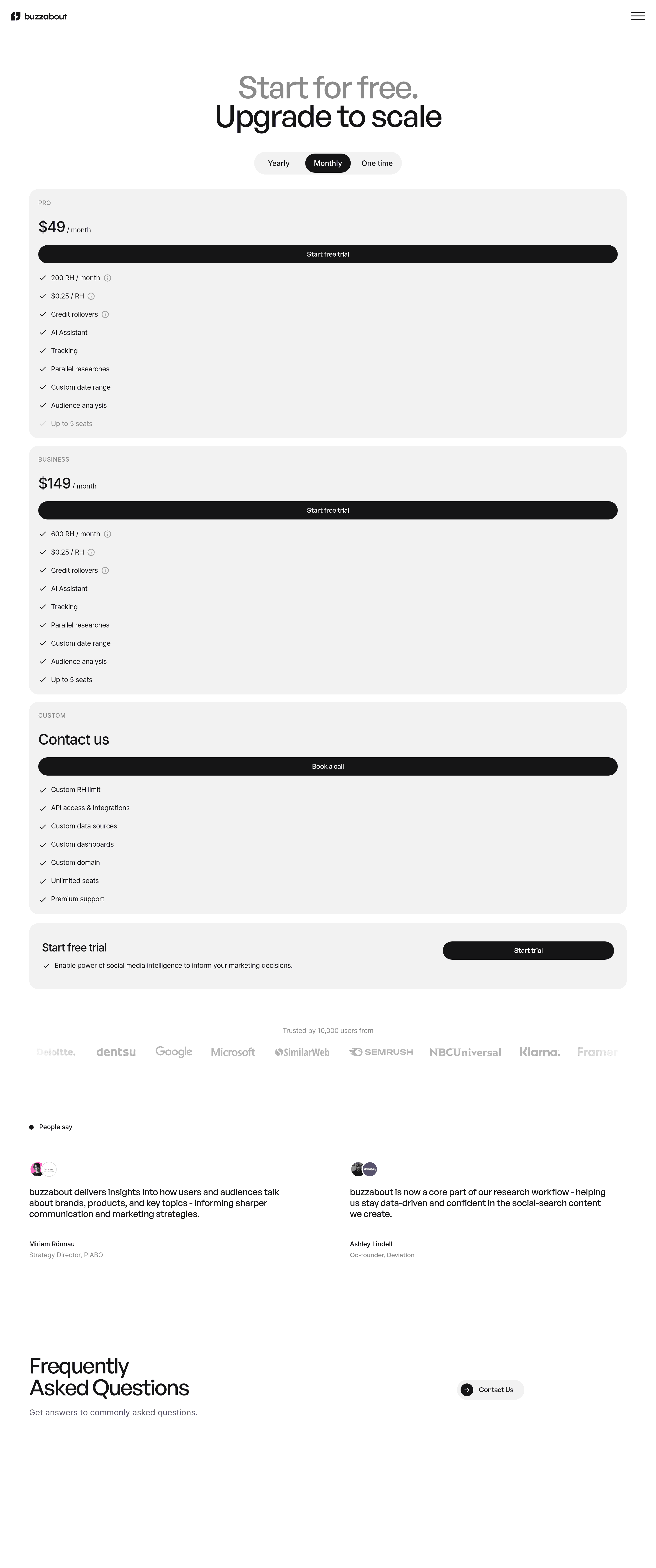 buzzabout pricing page screenshot
