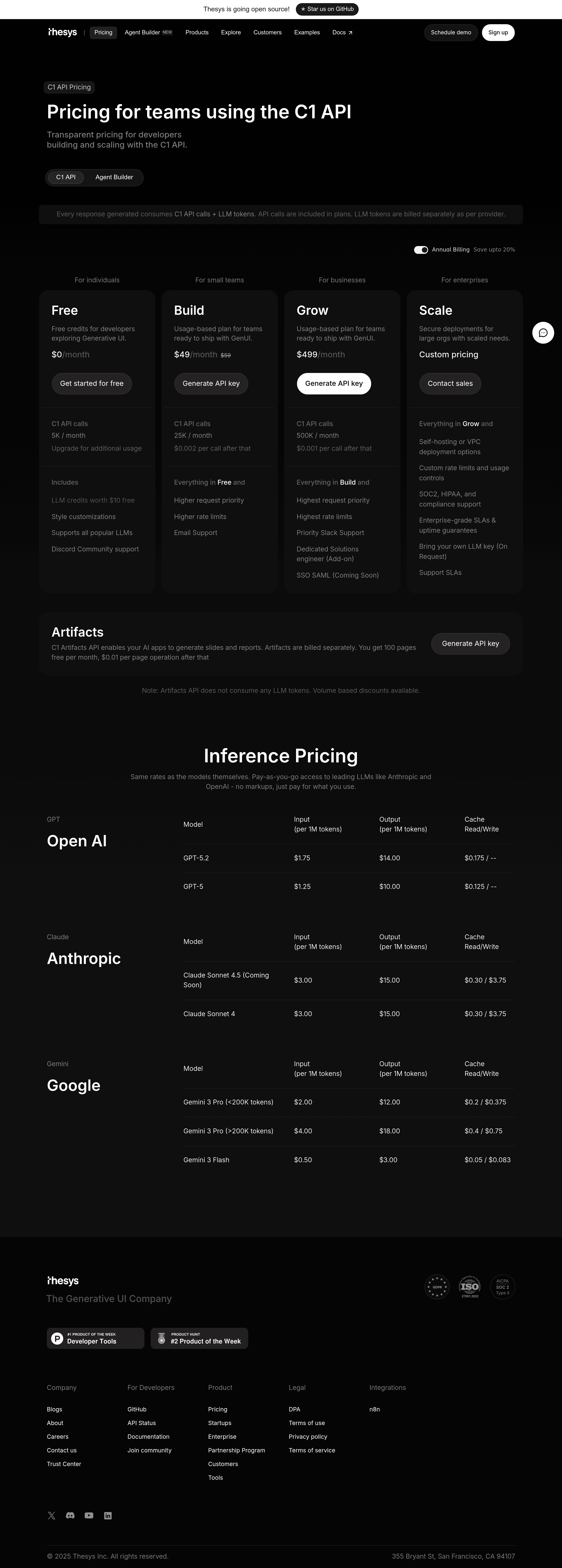 C1 by Thesys pricing page screenshot