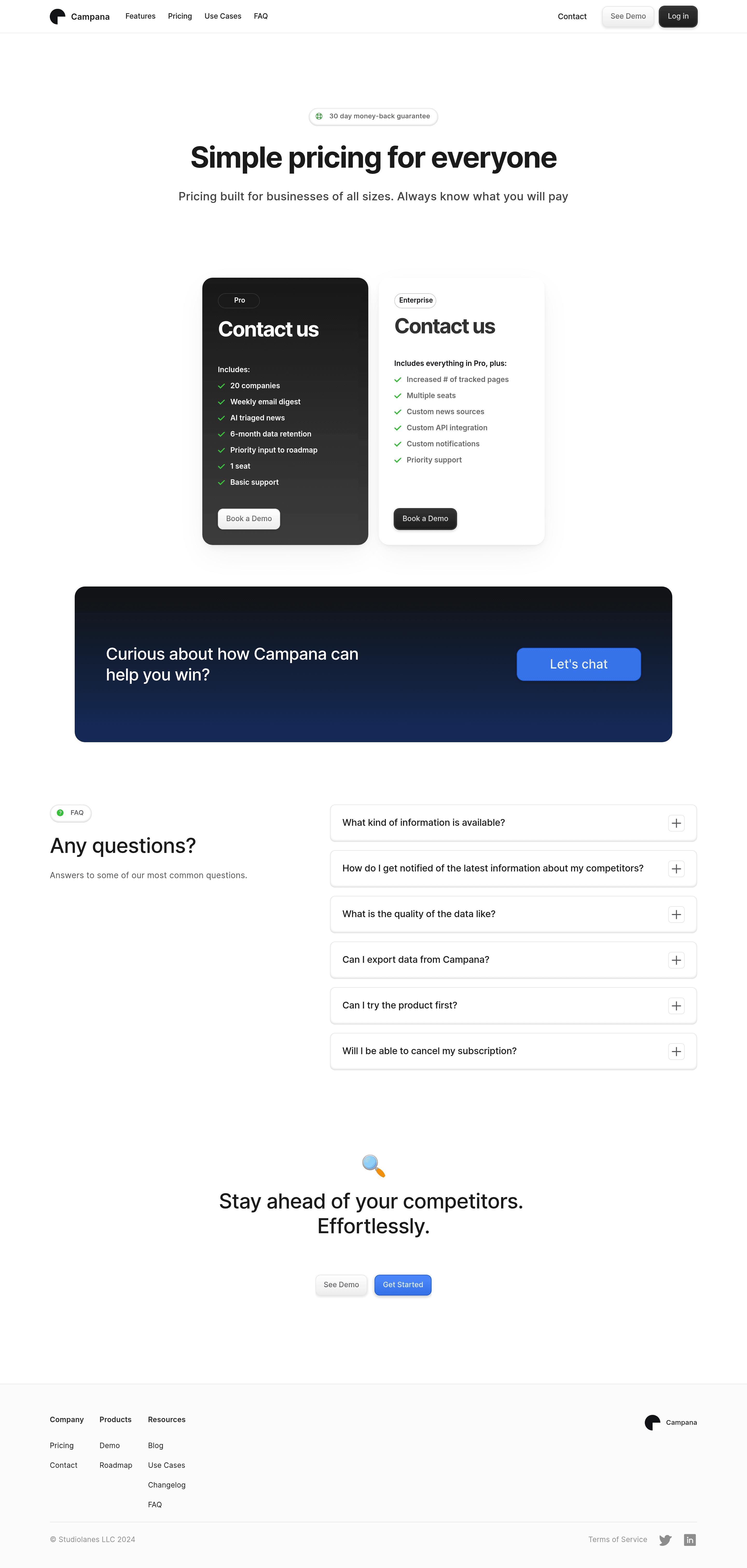 Campana pricing page screenshot