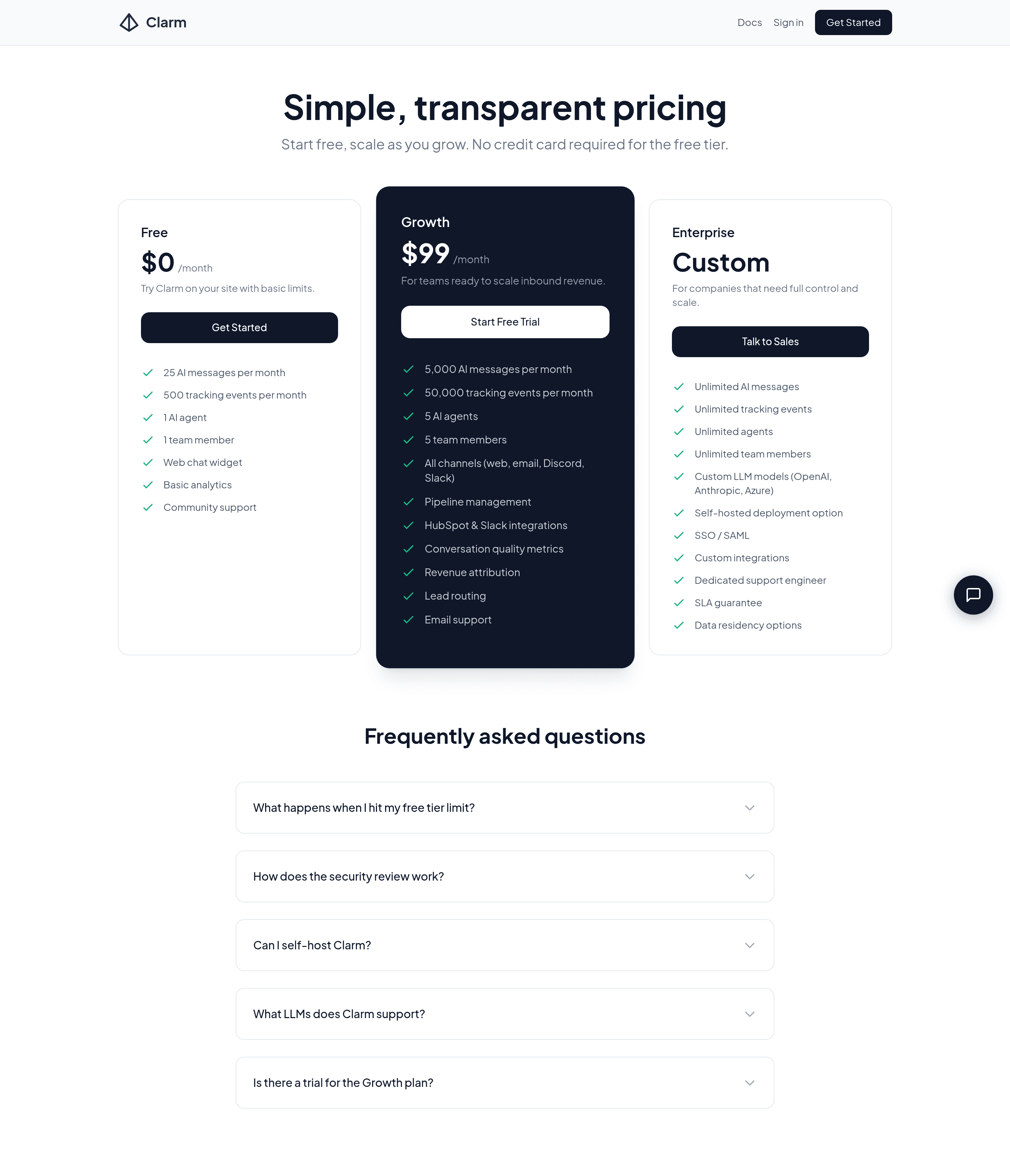 Clarm pricing page screenshot