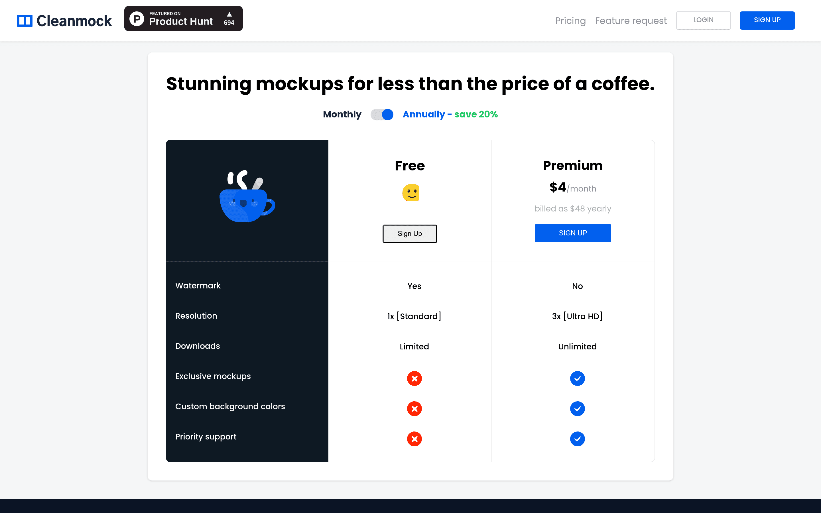 Clean Mockups pricing page screenshot