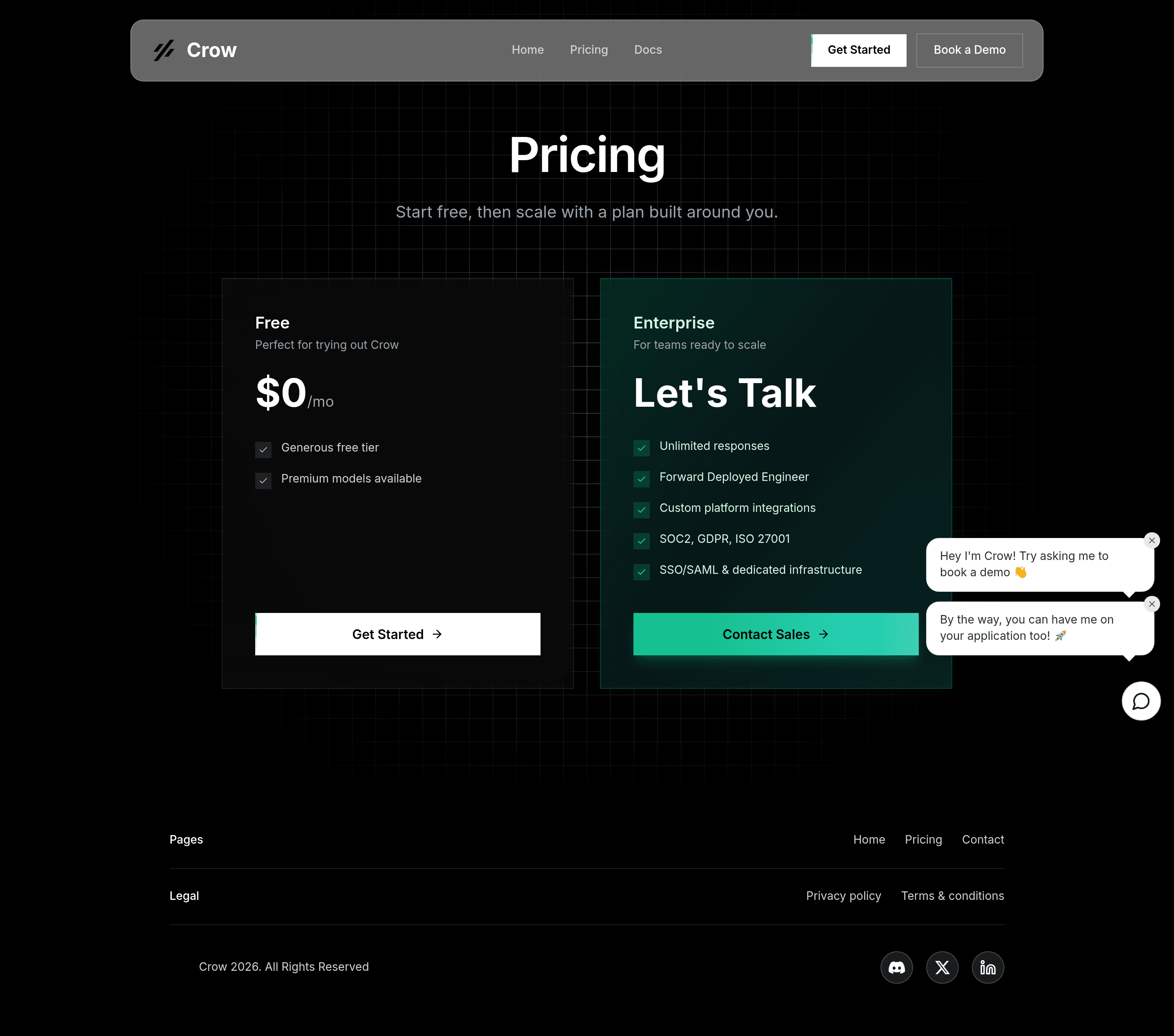 Crow pricing page screenshot