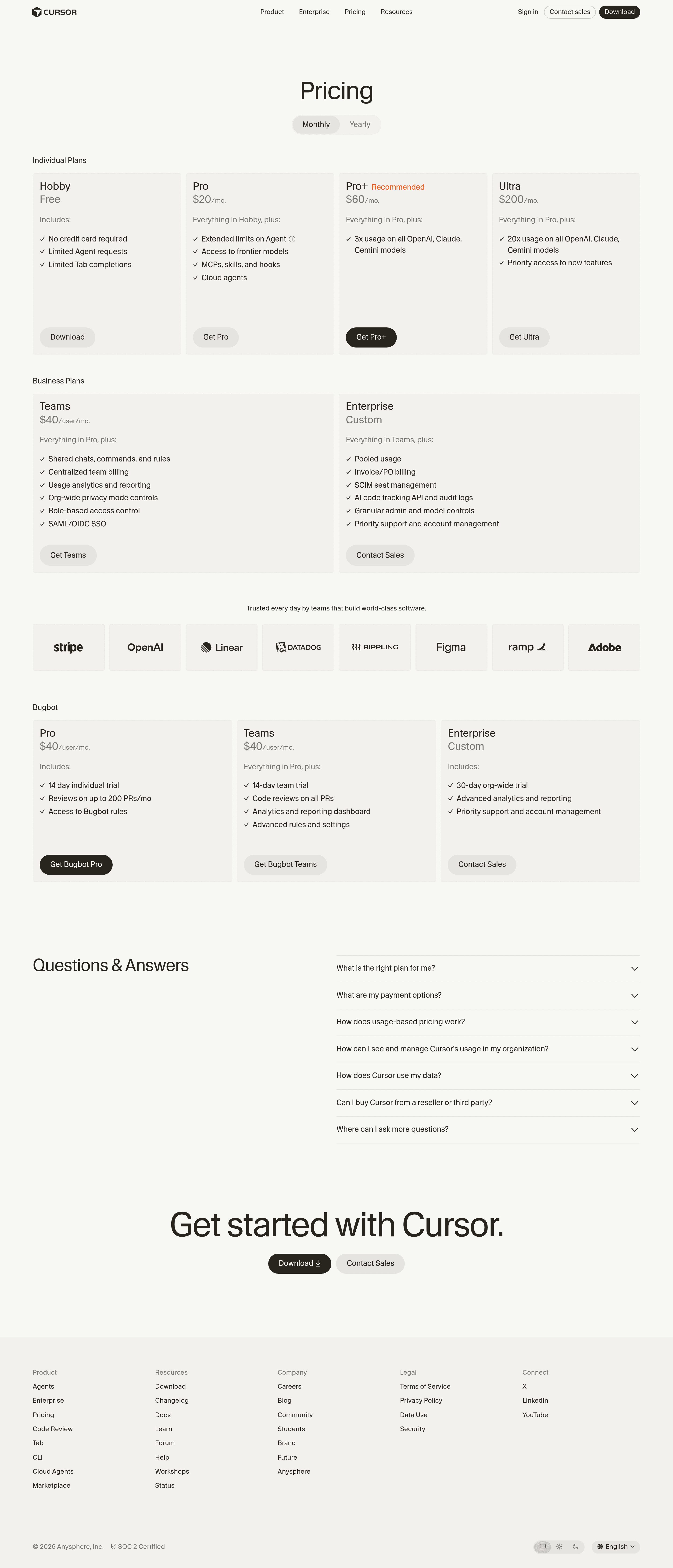 Cursor 2.0 pricing page screenshot
