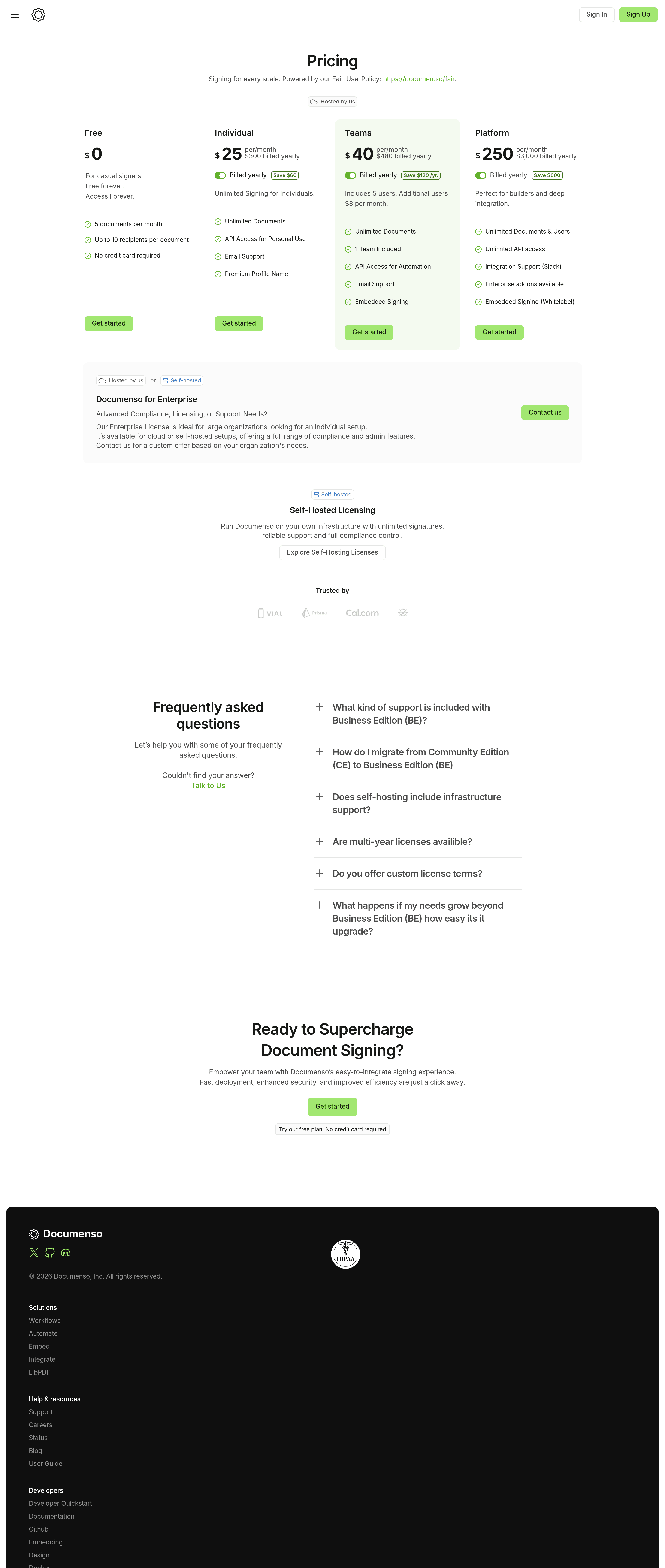 Documenso pricing page screenshot
