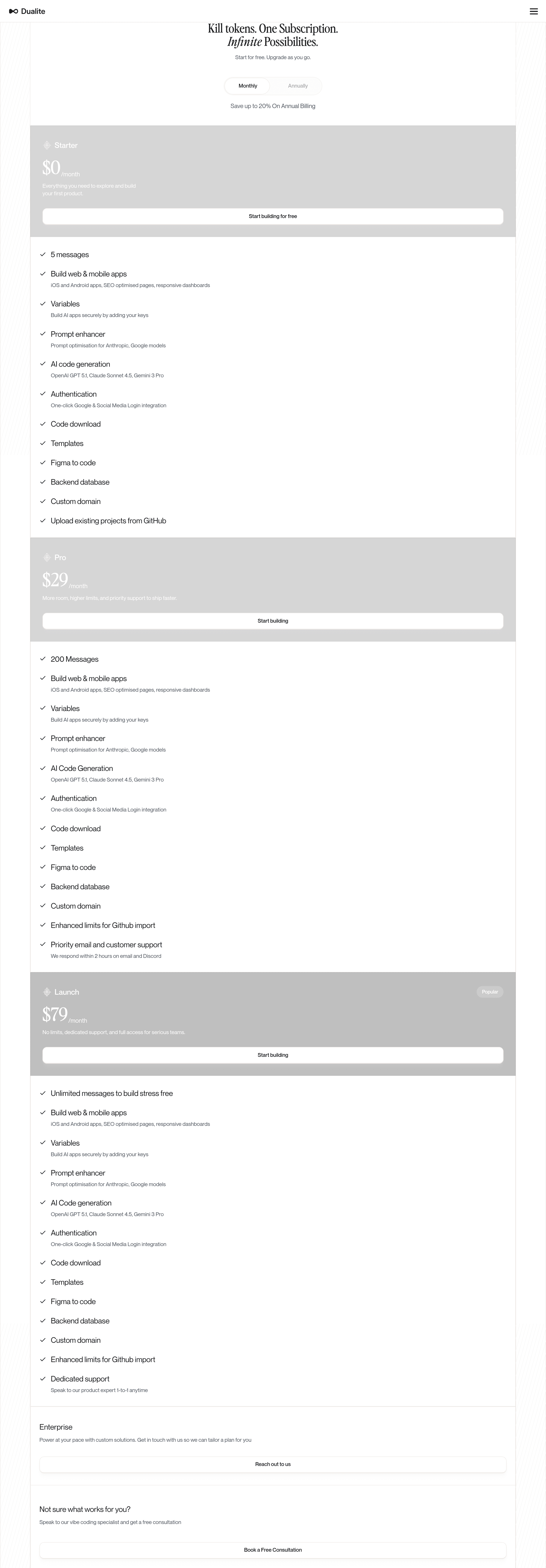 Dualite Alpha pricing page screenshot