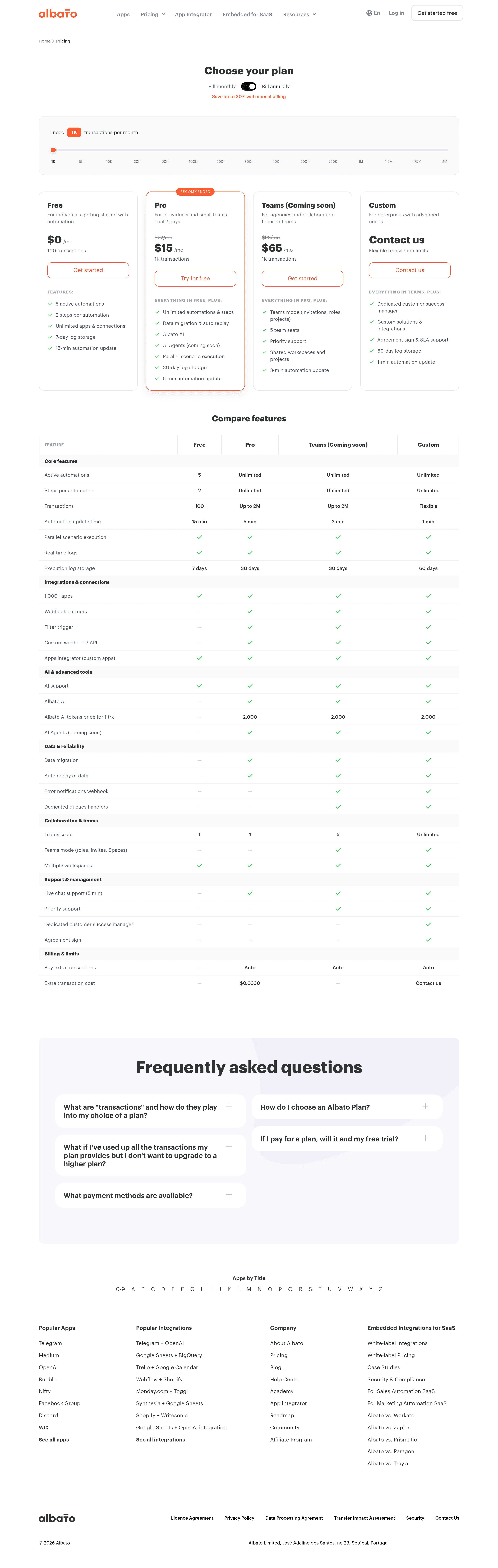 Embedded iPaaS from Albato pricing page screenshot
