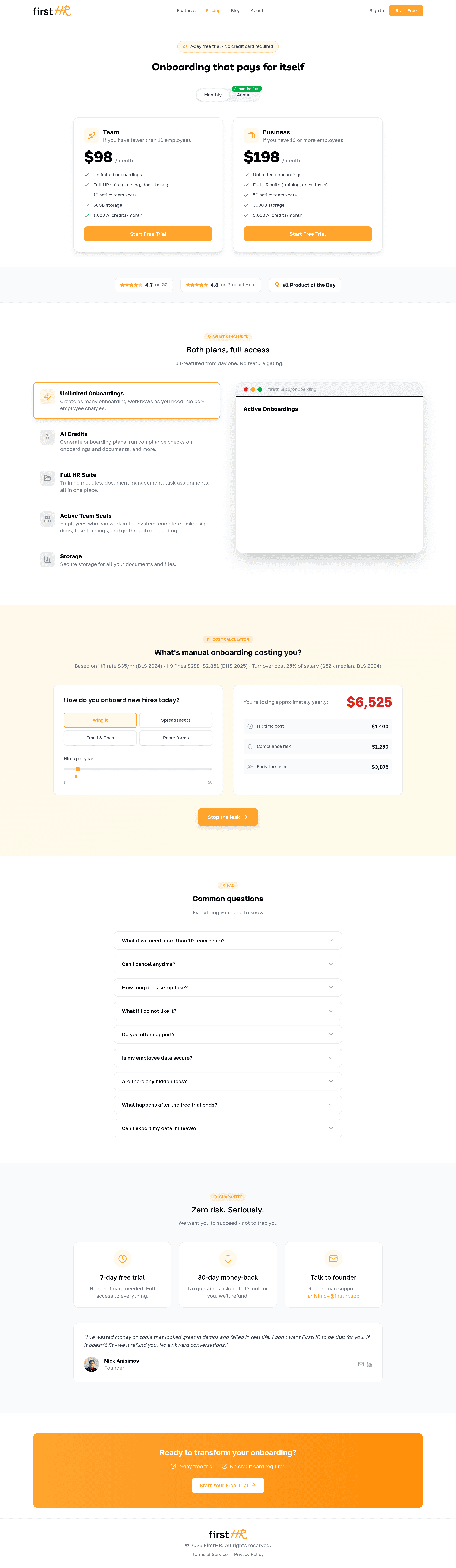 FirstHR 2.0 with HR Copilot pricing page screenshot