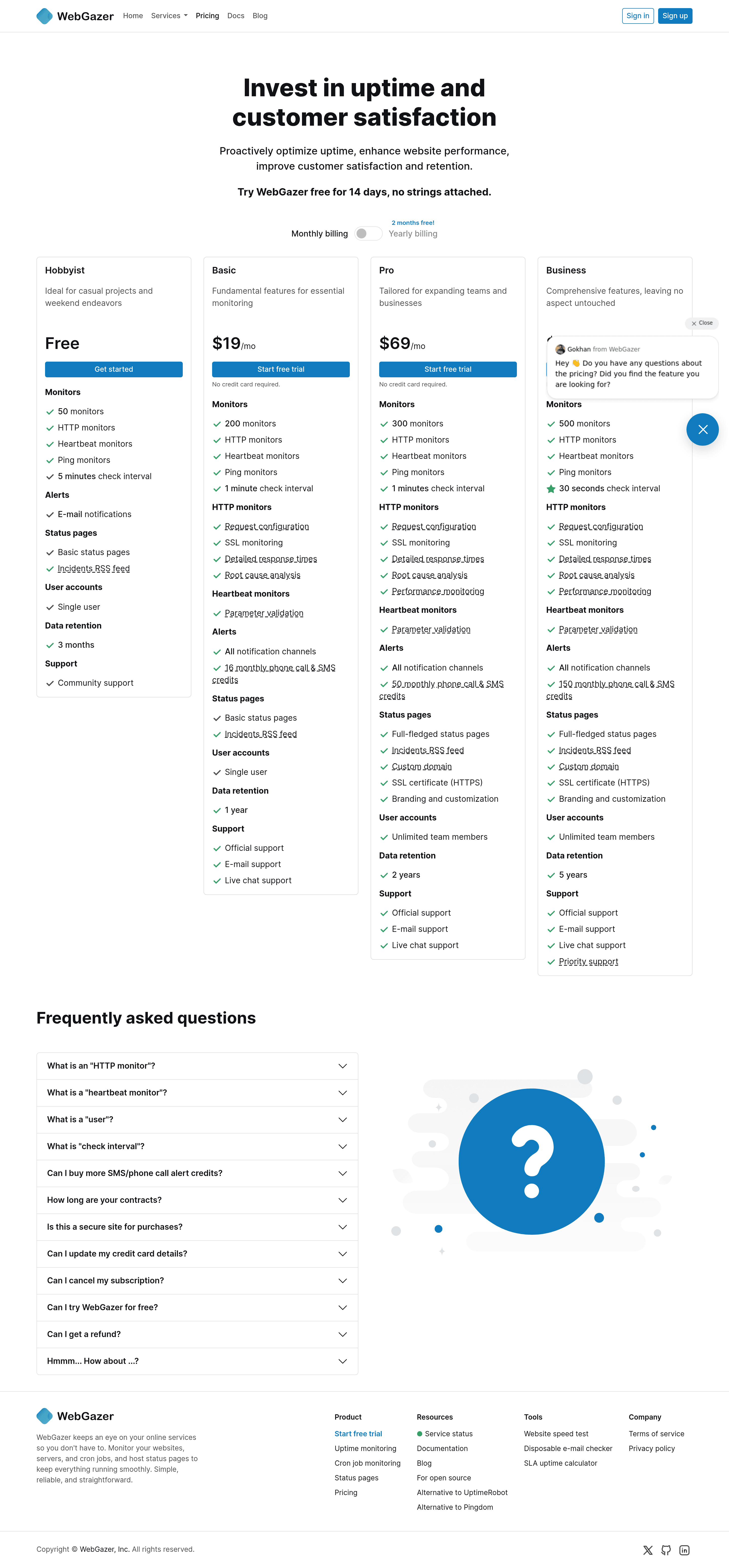Free Monitoring Suite by WebGazer pricing page screenshot