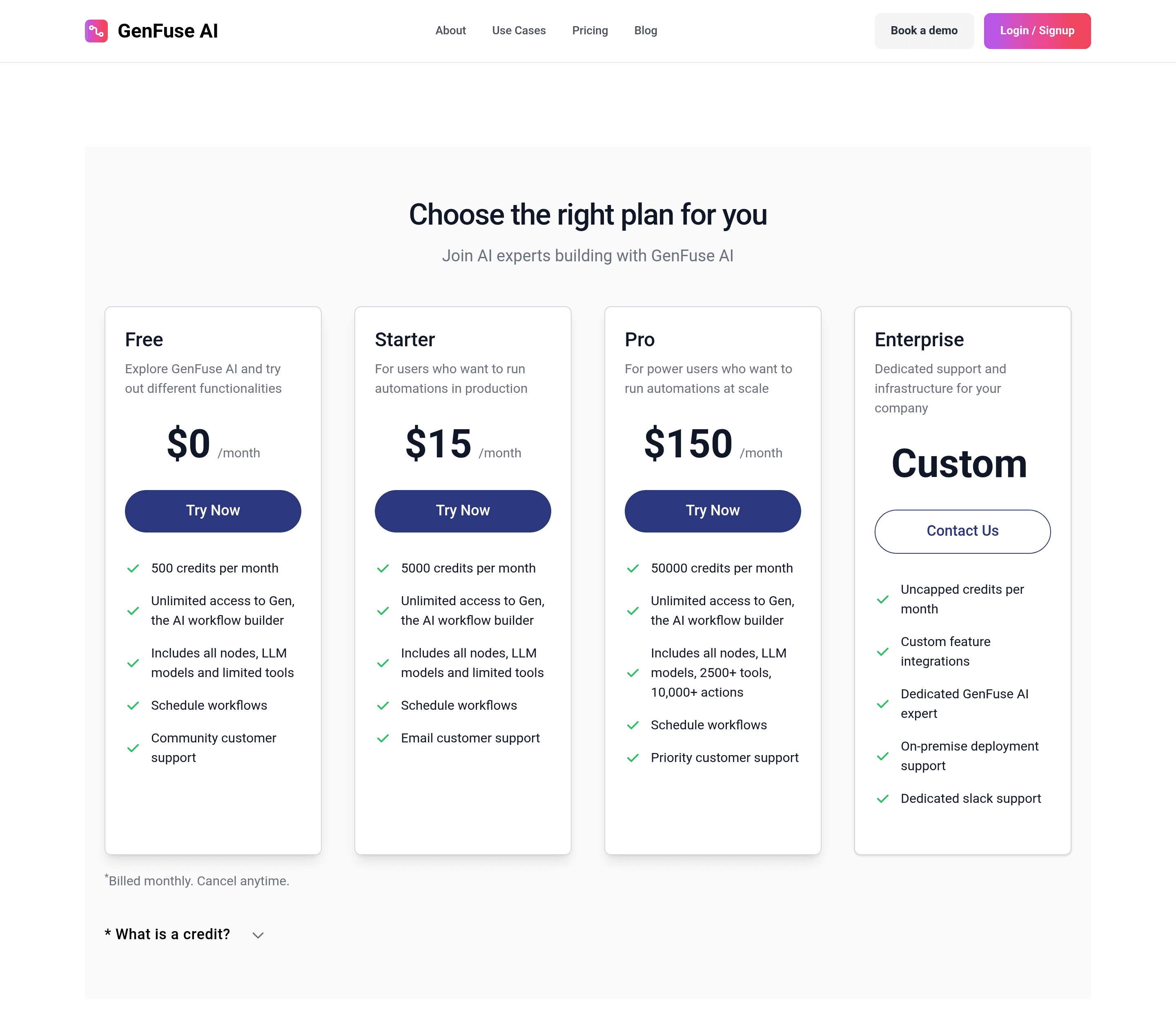 GenFuse AI pricing page screenshot