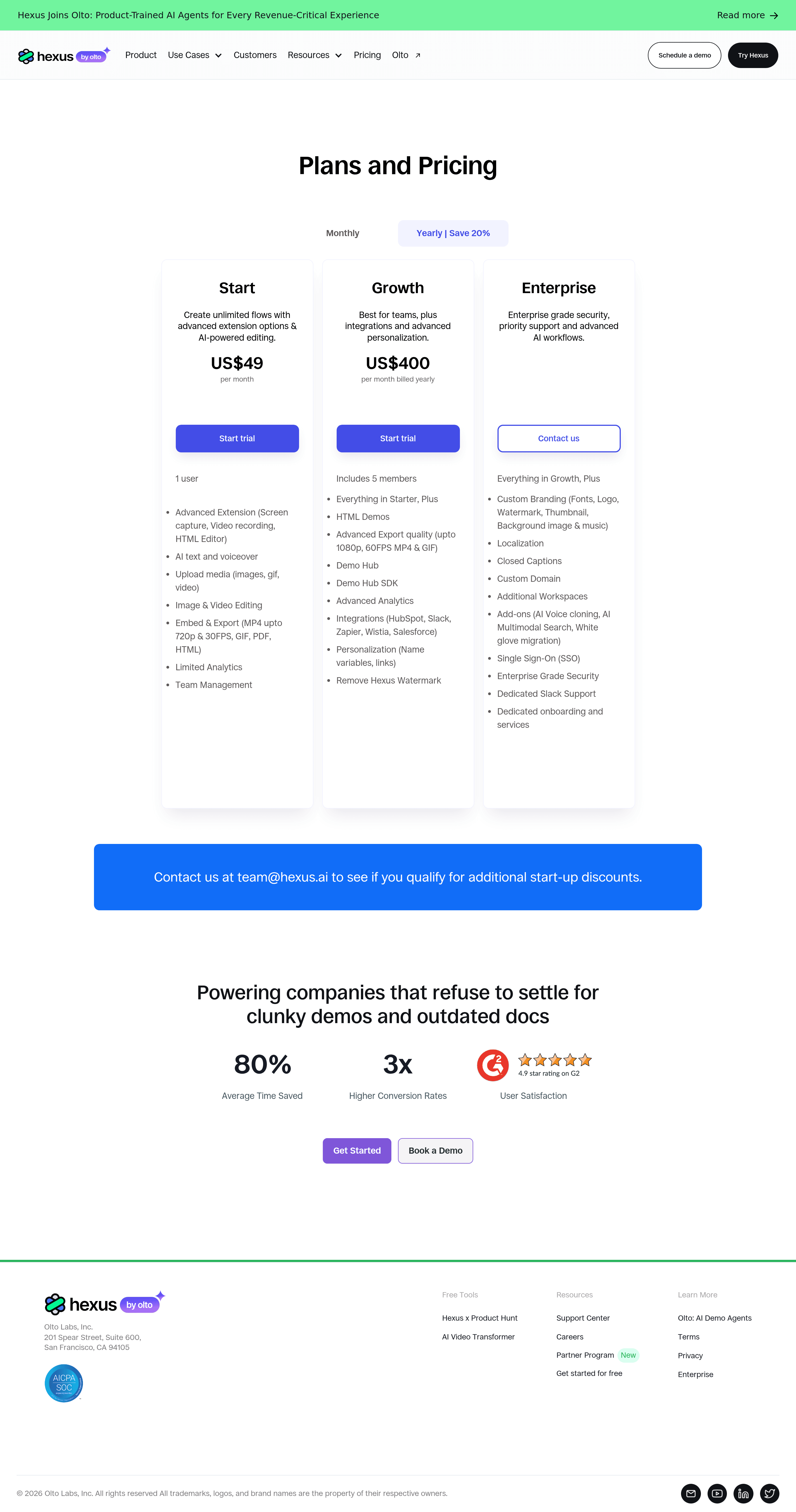 Hexus AI pricing page screenshot