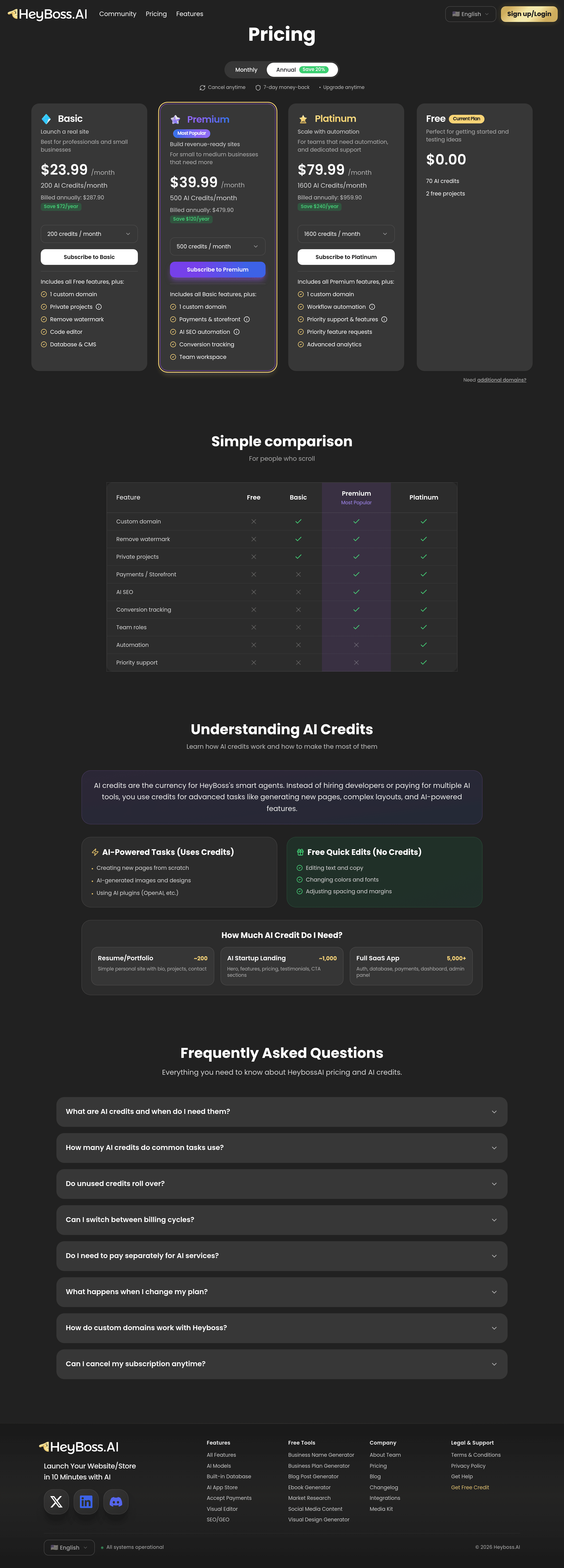 HeyBoss AI Boss Mode pricing page screenshot