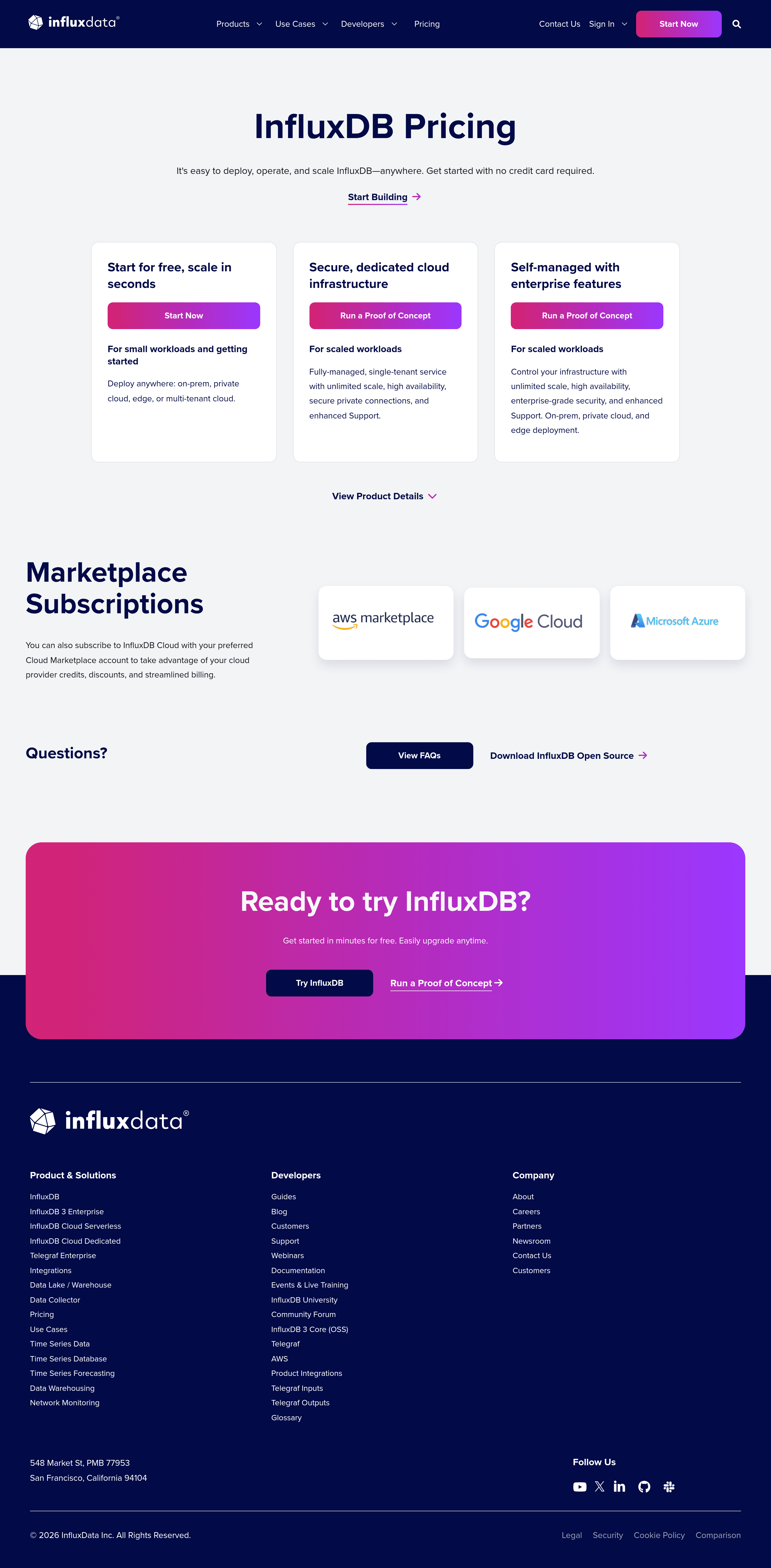 InfluxData pricing page screenshot