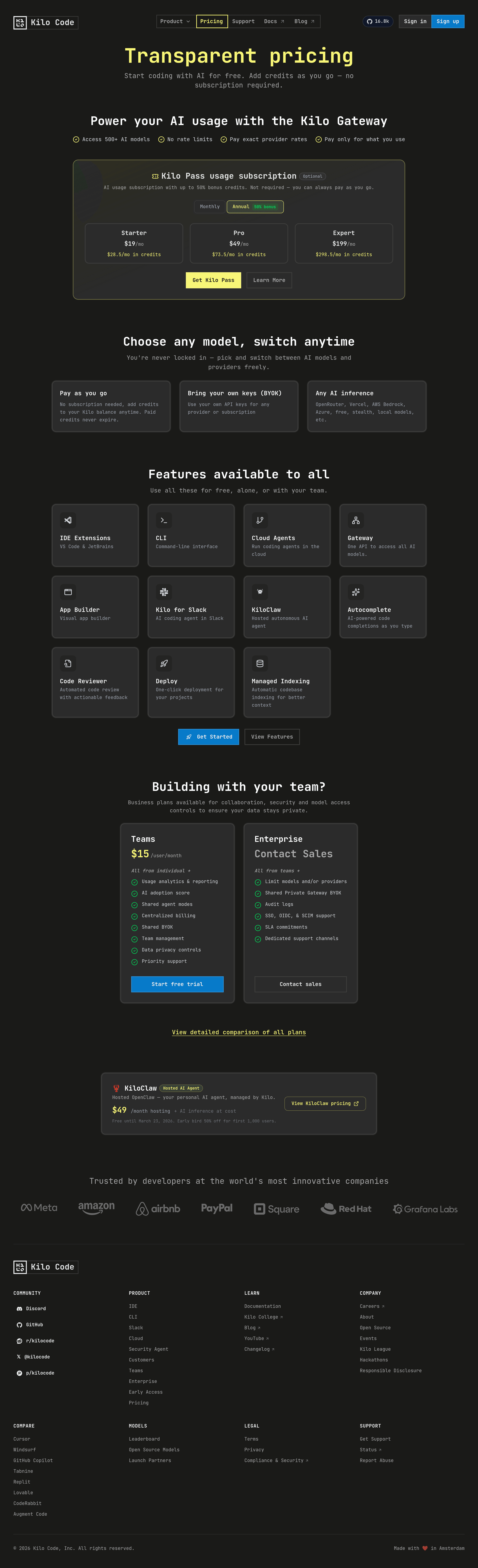 Kilo Code for JetBrains pricing page screenshot