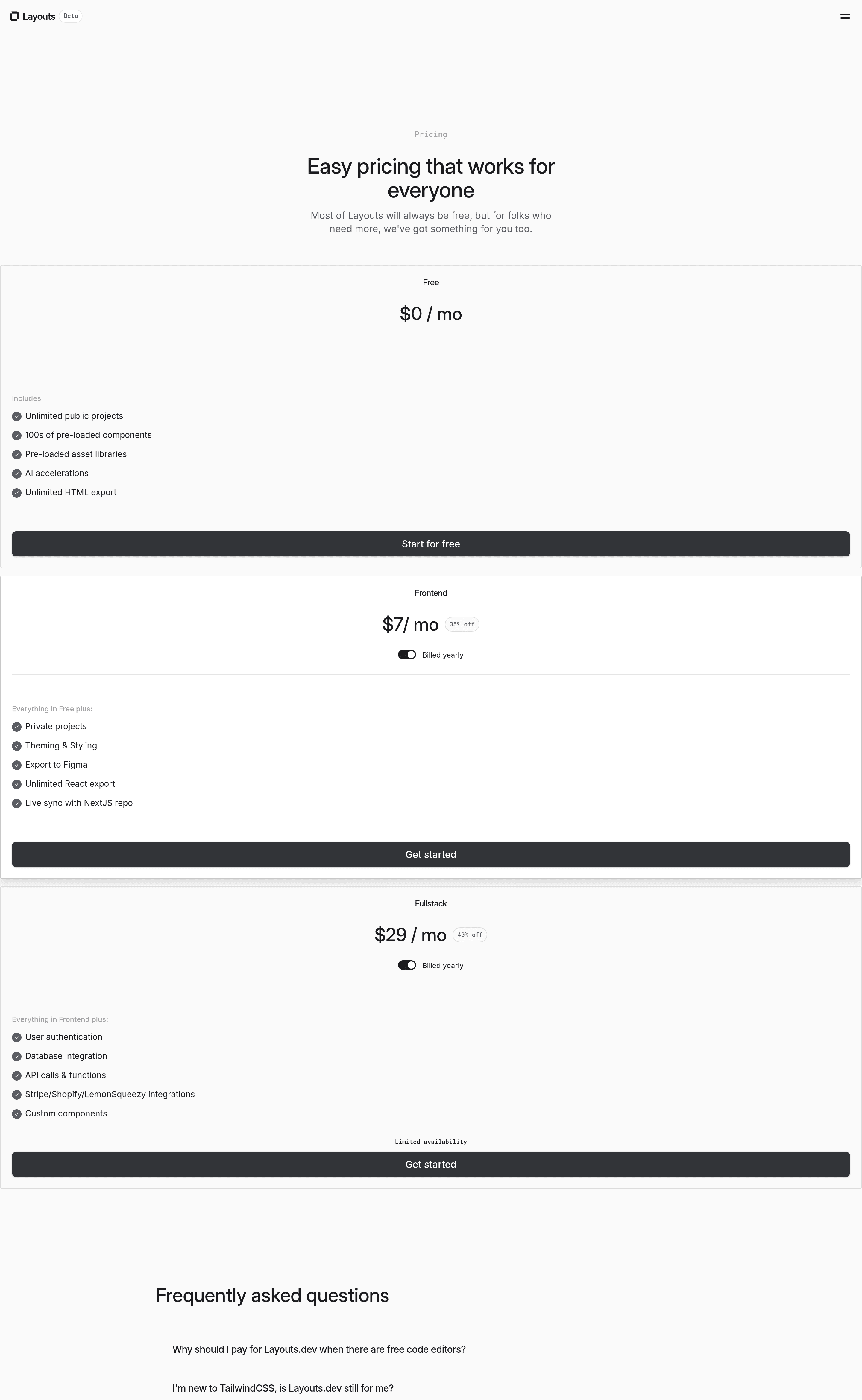 Layouts.dev pricing page screenshot