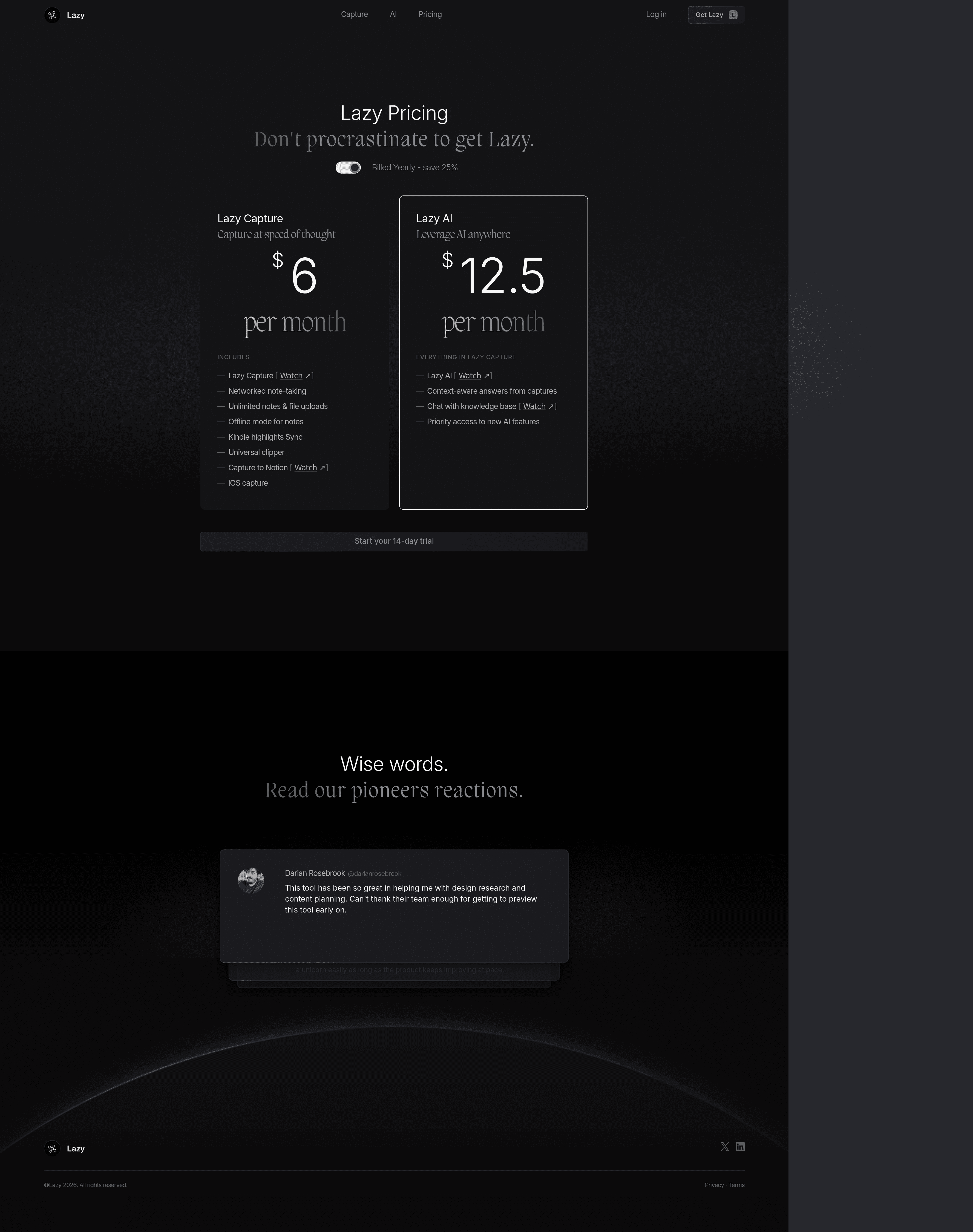 Lazy pricing page screenshot