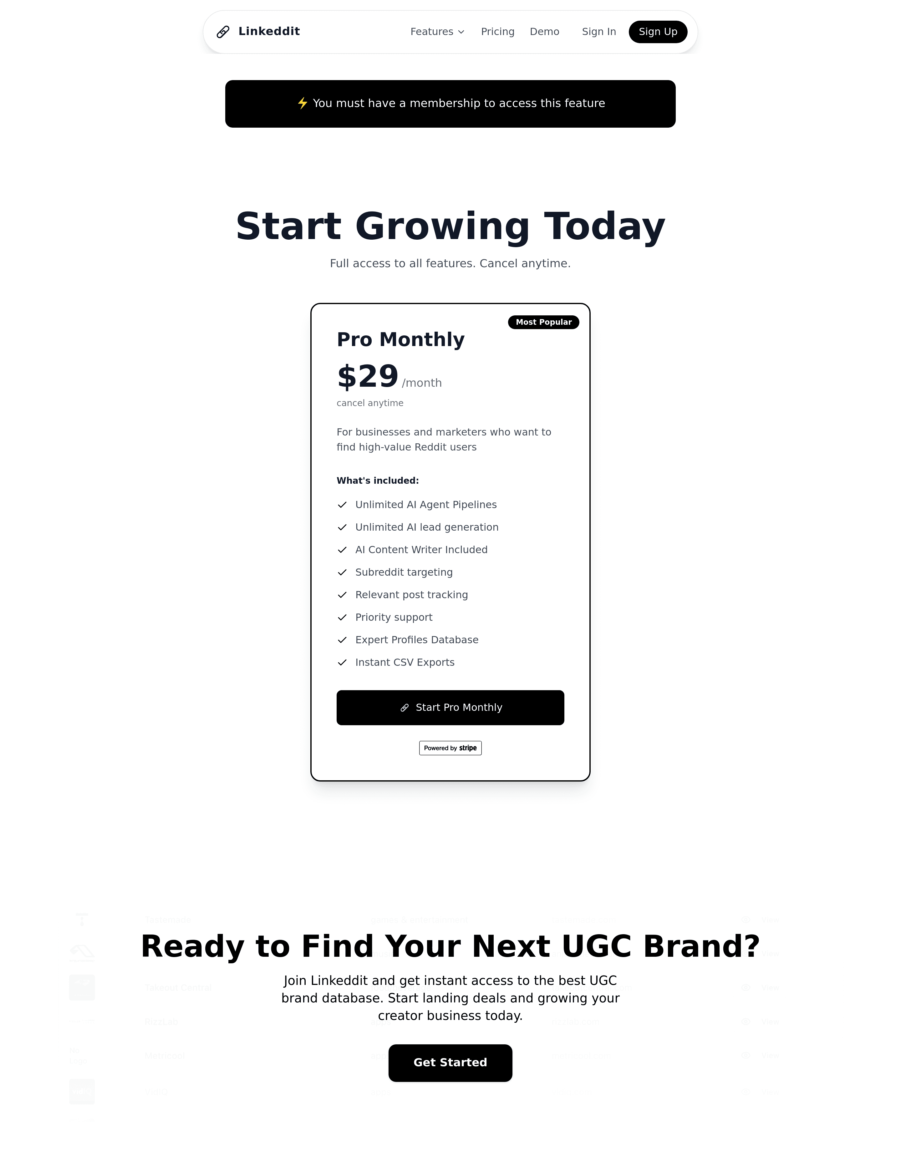 Linkeddit pricing page screenshot