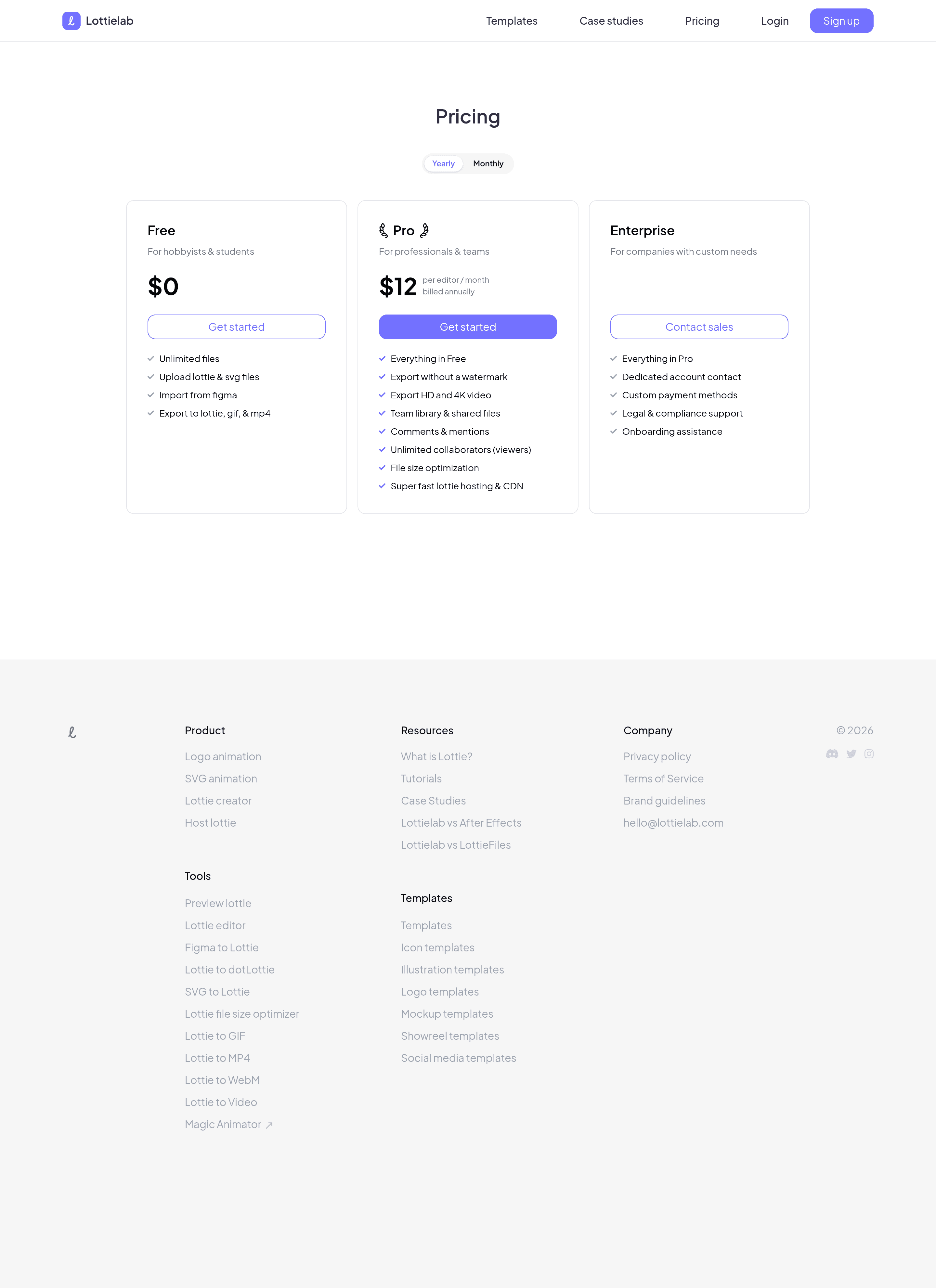 Lottielab pricing page screenshot