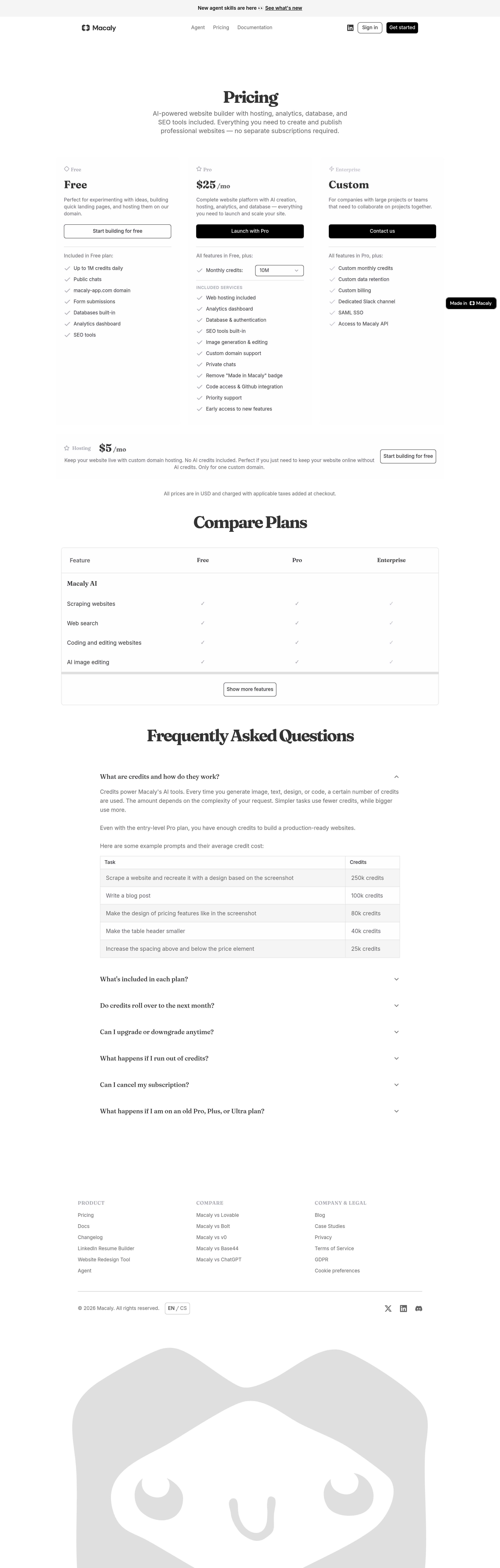 Macaly 2.0 pricing page screenshot