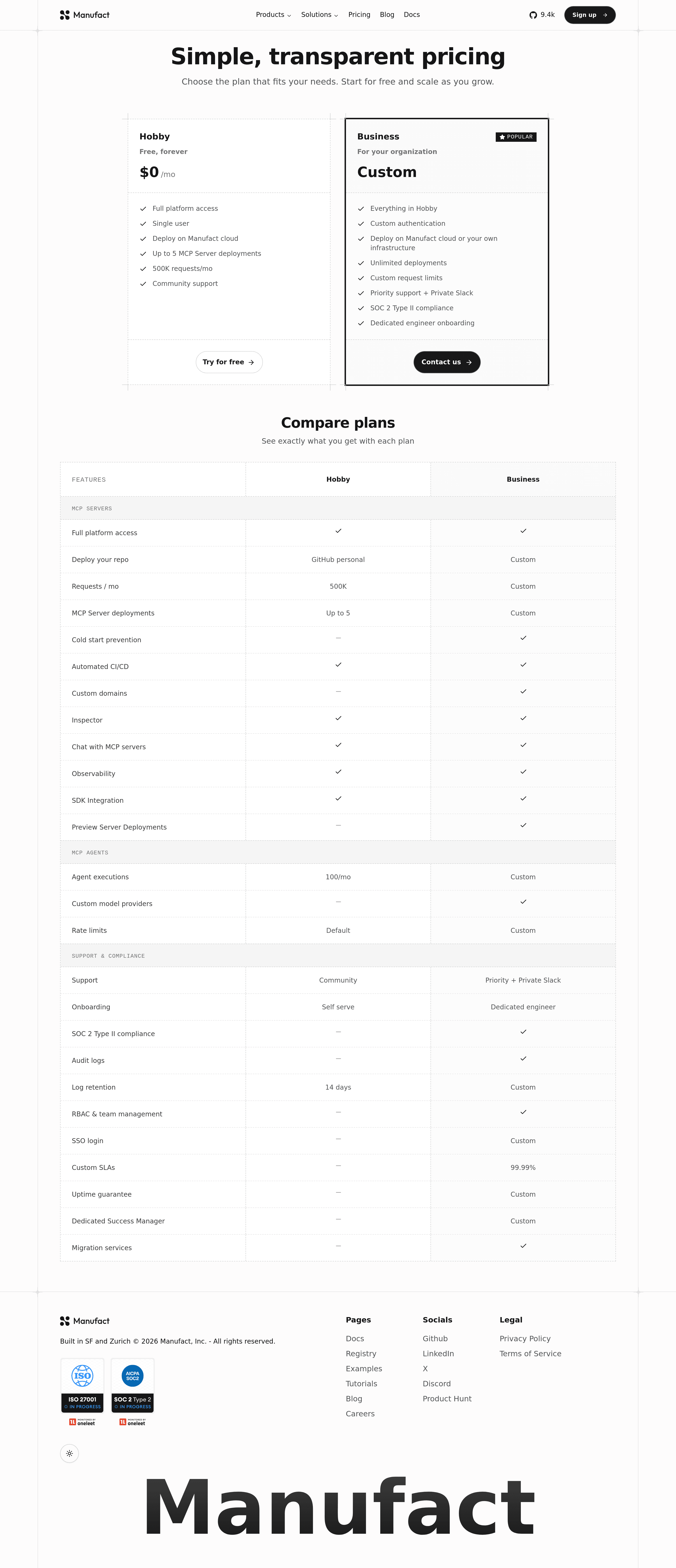 Manufact (formerly mcp-use) pricing page screenshot