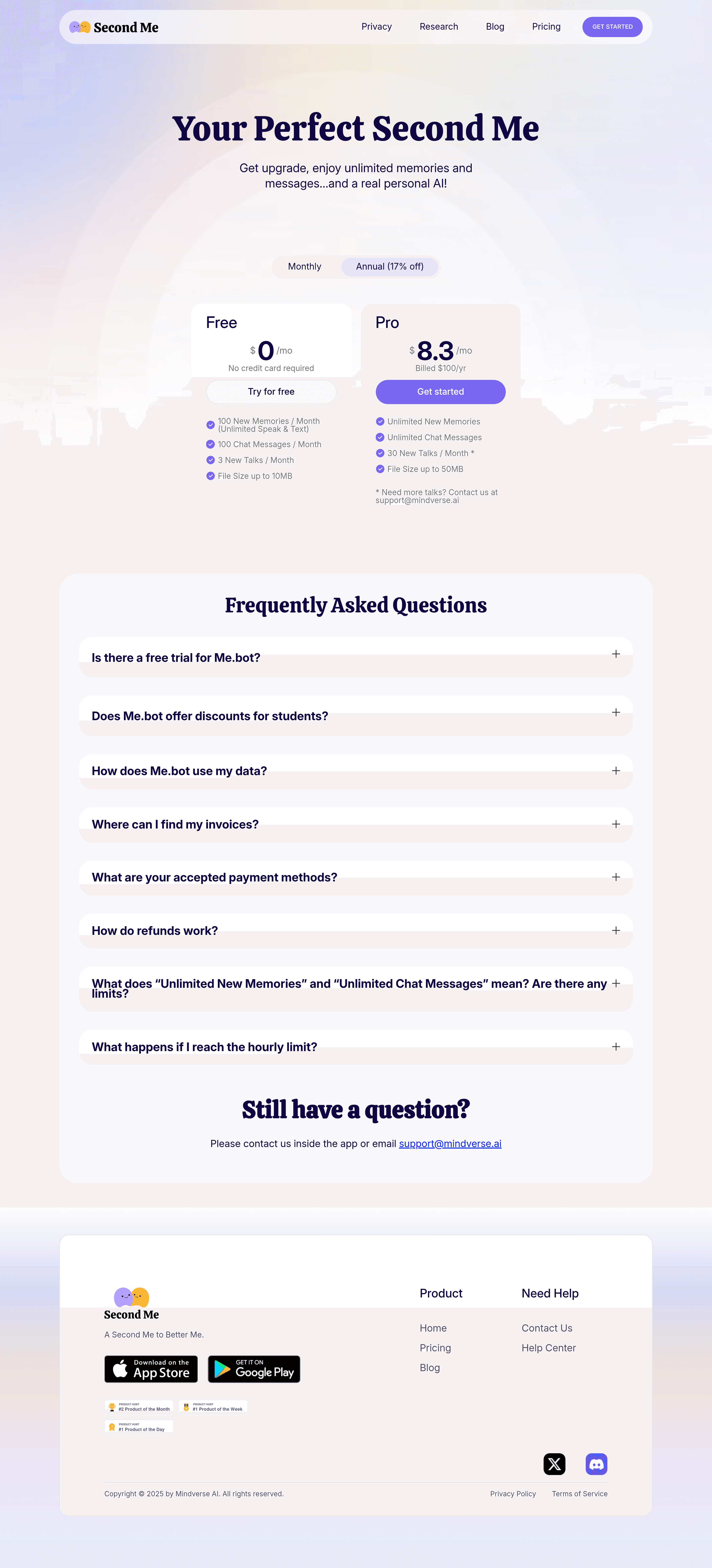 Me.bot pricing page screenshot